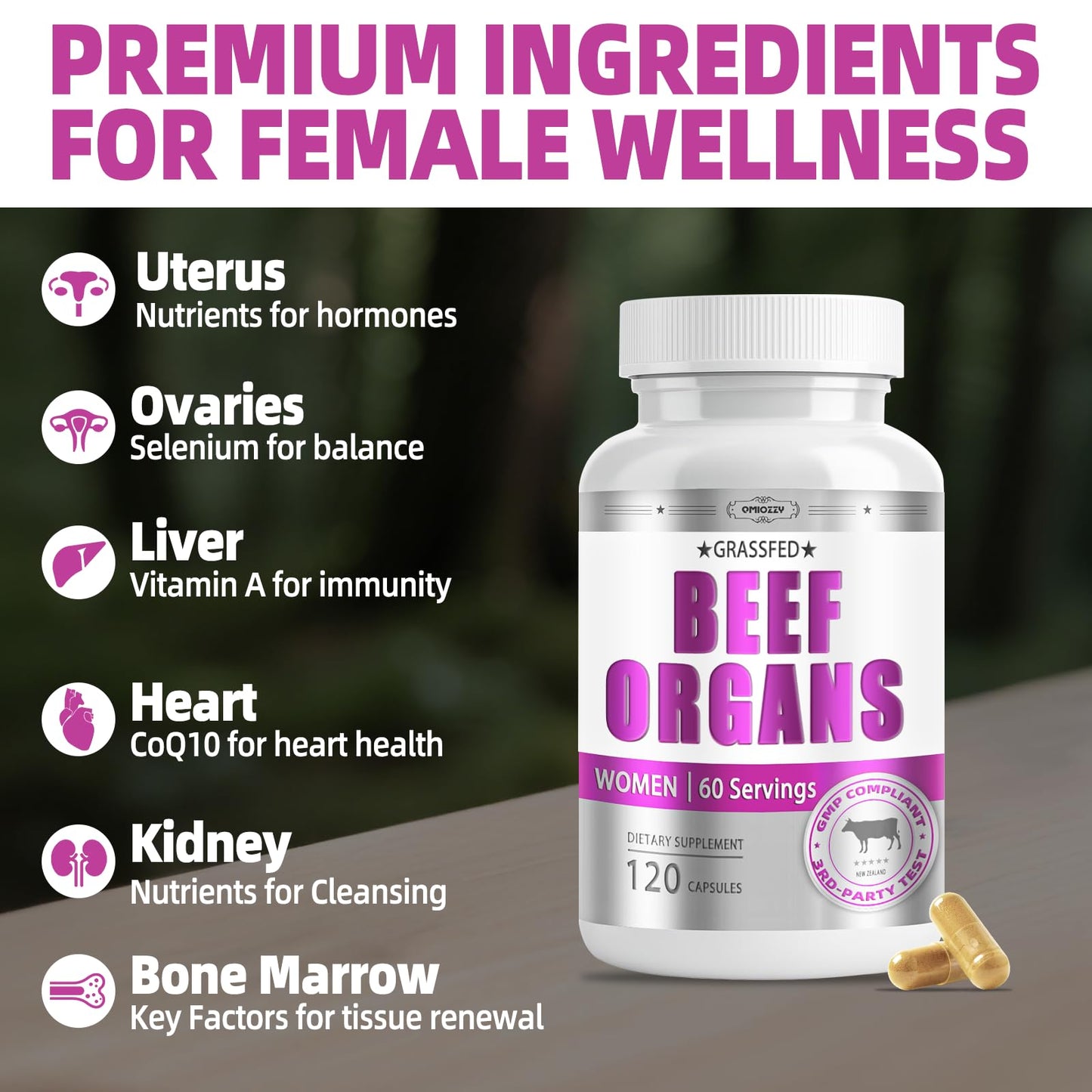 Qmiozzy Beef Liver Organ Supplement for Women, 120 Capsules