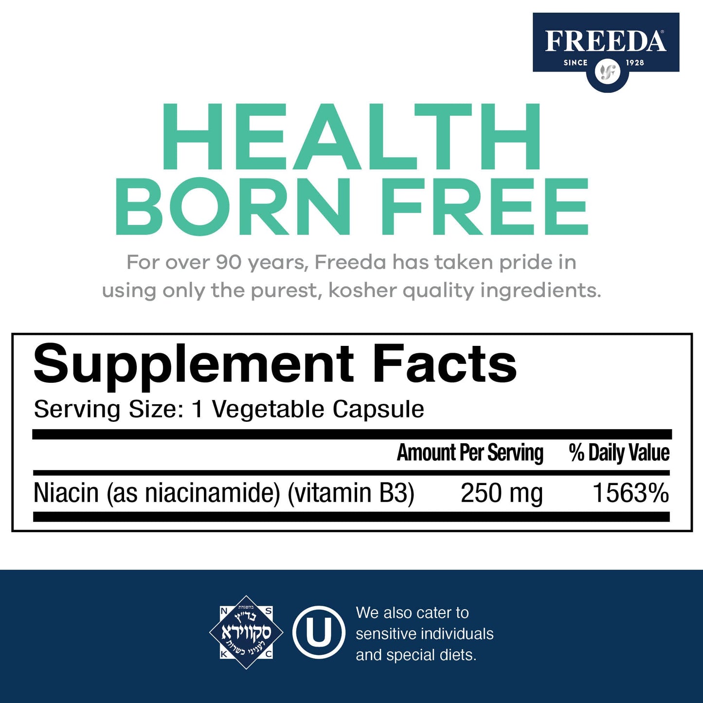 FREEDA Niacinamide Vitamin B3 250 mg, 500 Capsules