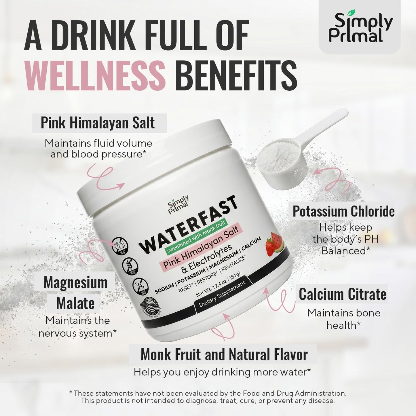 Simply Primal WATERFAST Monk Fruit Keto Electrolyte Powder for Fasting and Hydration - Strawberry Watermelon Flavor, Sugar Free, 12.4 Ounce
