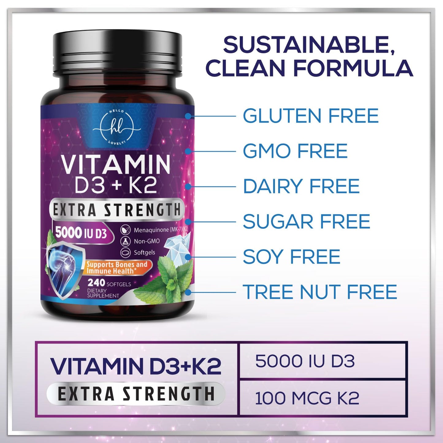 Hello Lovely! Vitamin D with K2 (MK-7) D3K2 Complex Supplement Softgels 240 Count