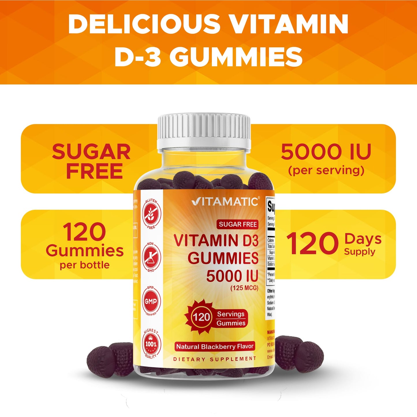 Vitamatic Sugar Free Vitamin D3 5000 IU Gummy, 240 Count