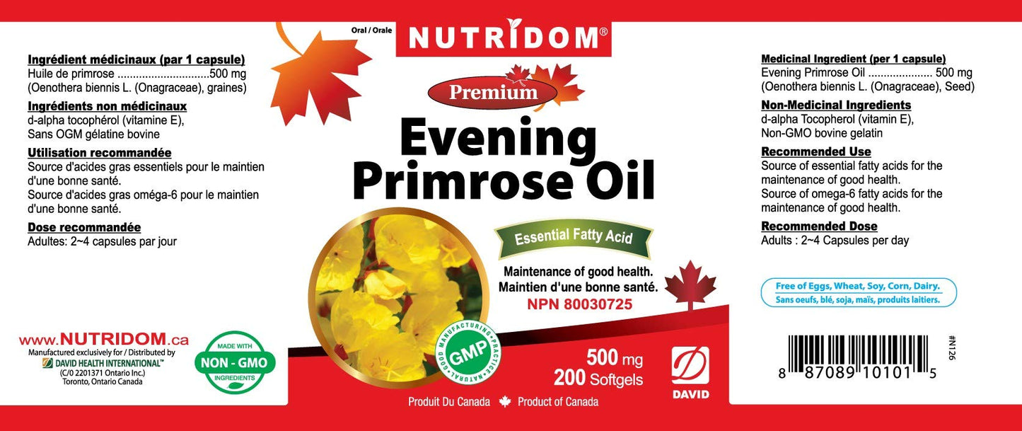 Nutridom Evening Primrose Oil Omega-6 & GLA 500mg Softgels 200 Count