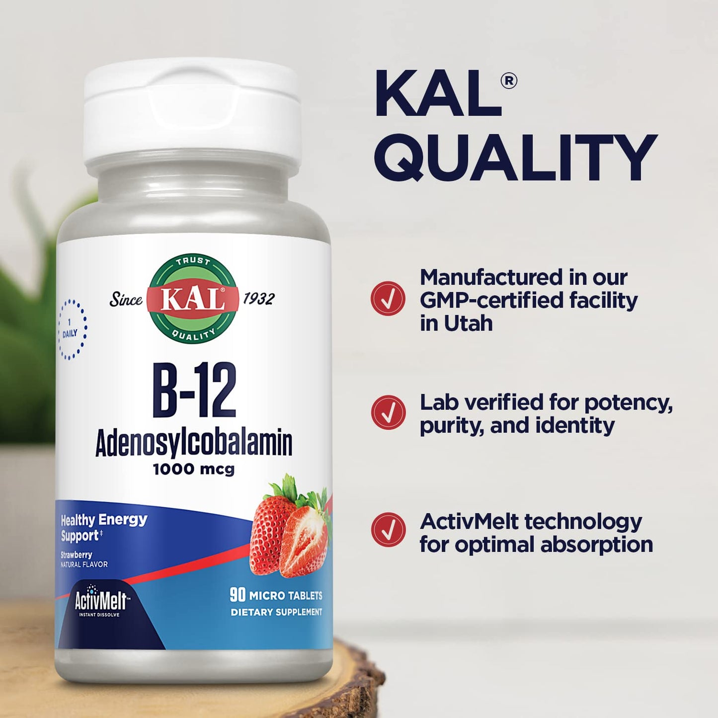 KAL Vitamin B12 Adenosylcobalamin 1000 mcg Lozenges, 90 Count