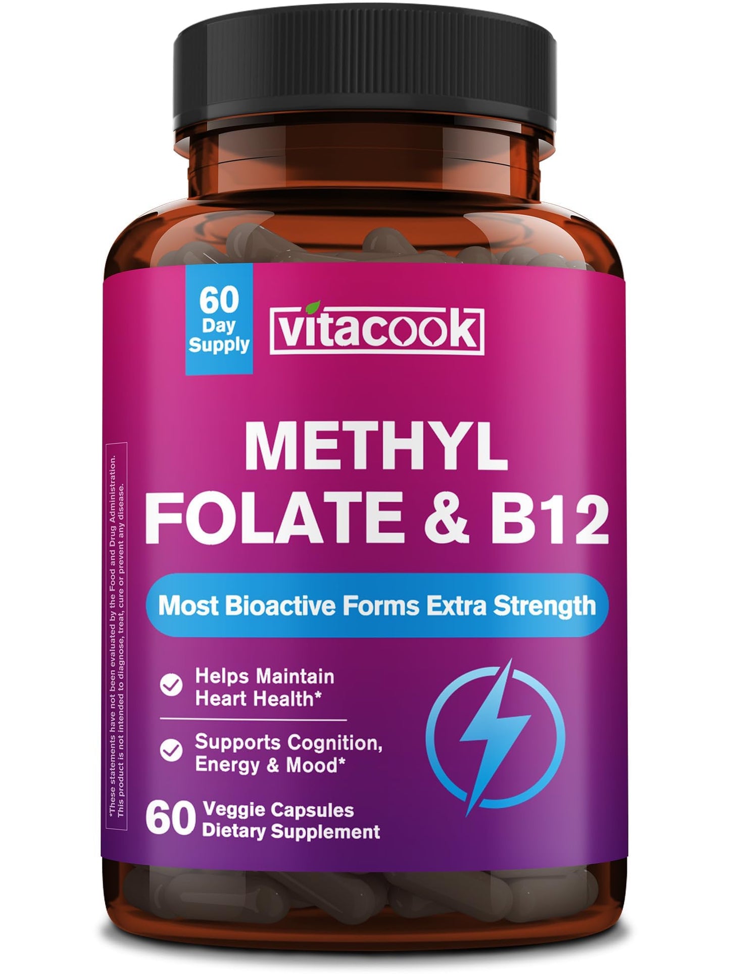 Vitacook L-Methylfolate Supplement with Methyl B12 Cofactor, High Potency Bioactive Folate 1000 mcg & Vitamin B12 1000 mcg, 60 Capsules