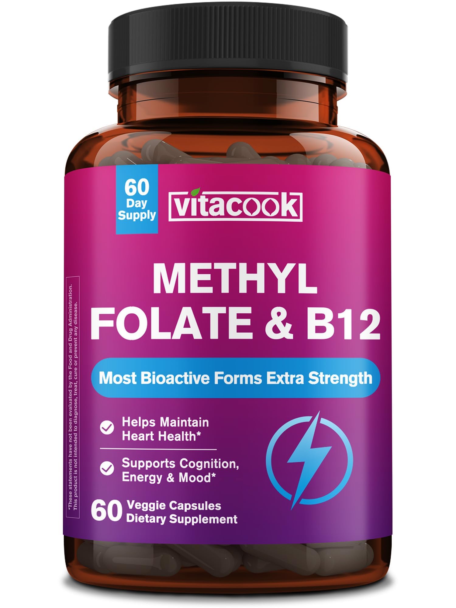 Vitacook L-Methylfolate Supplement with Methyl B12 Cofactor, High Potency Bioactive Folate 1000 mcg & Vitamin B12 1000 mcg, 60 Capsules