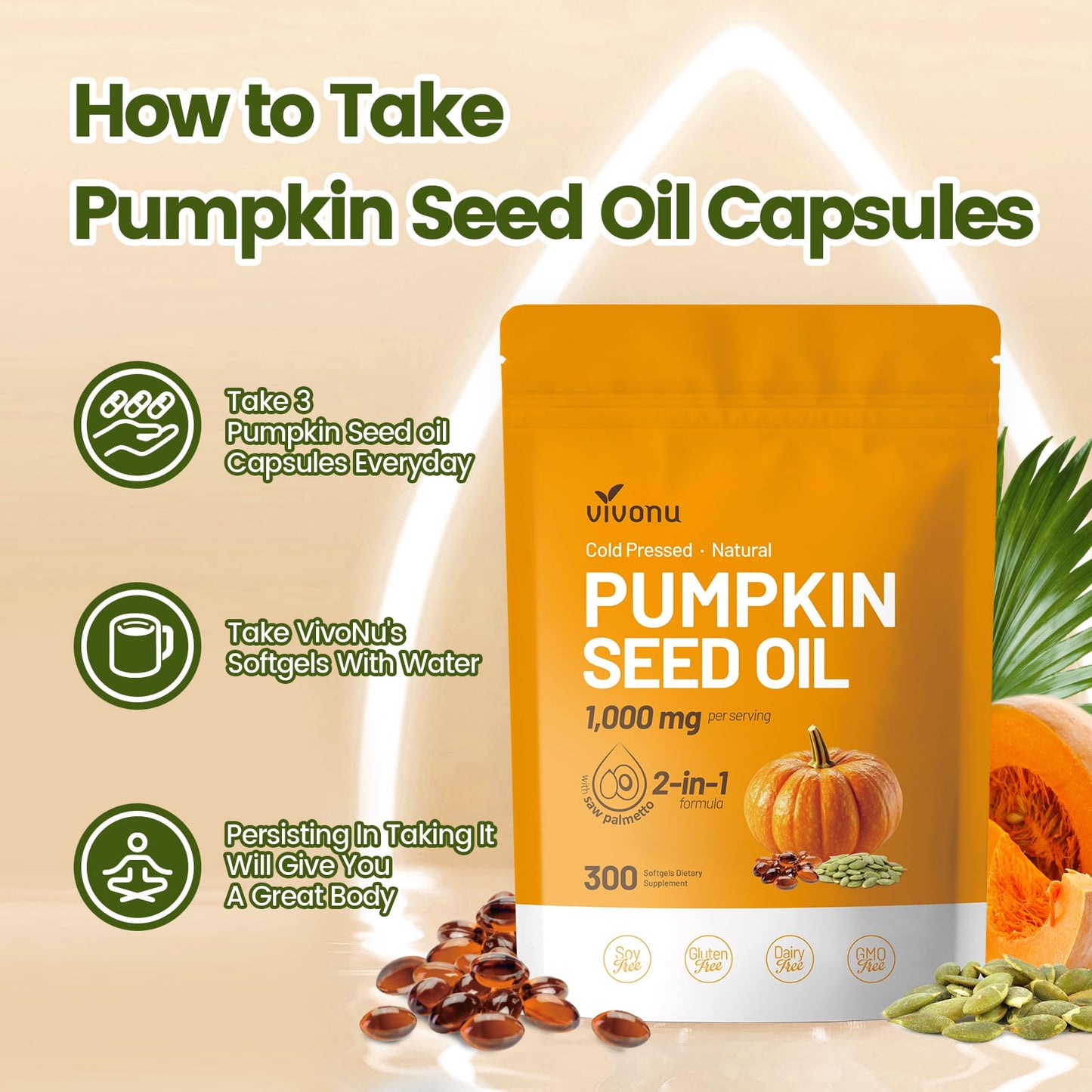 VivoNu Pumpkin Seed Oil with Saw Palmetto Softgels 300 Count