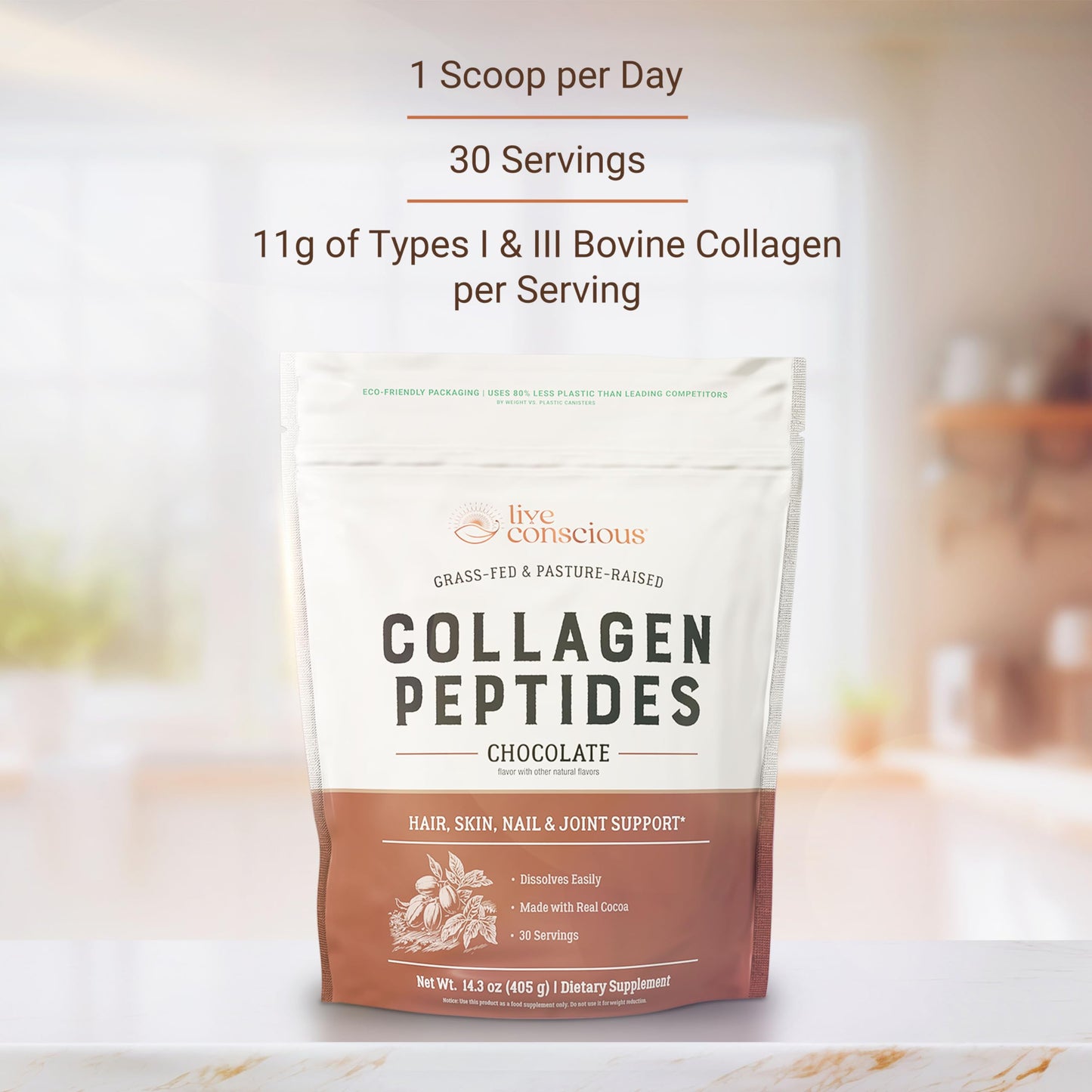 Live Conscious Collagen Peptides Powder - Chocolate - Hair, Skin, Nail, and Joint Support - Type I & III Grass-Fed Collagen Supplements for Women and Men - 15 oz
