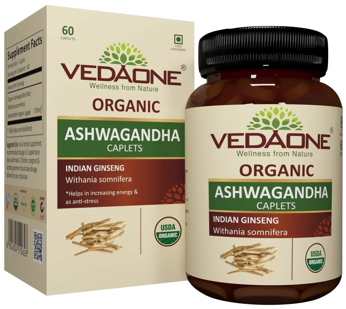 VEDAONE Organic Ashwagandha Caplets 750mg, 60 Caplets