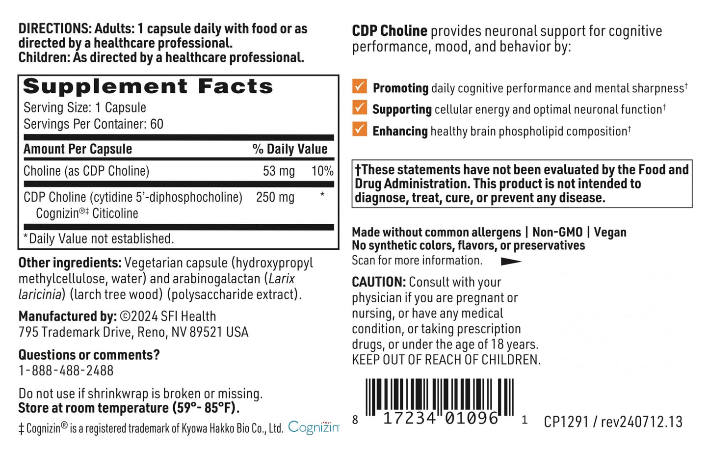 SFI Health CDP Choline 250mg Capsule, 60 Count