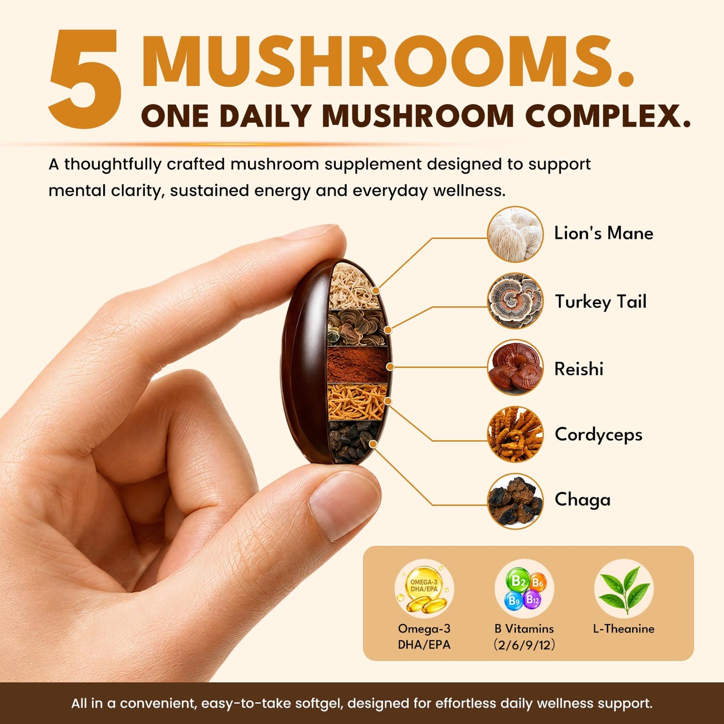 CFILIHTC Lion's Mane Supplement - Mushroom Complex with Lion's Mane, Turkey Tail, Reishi, Cordyceps & Chaga, Omega-3 DHA & EPA, B-Complex, L-Theanine, 240 Capsules