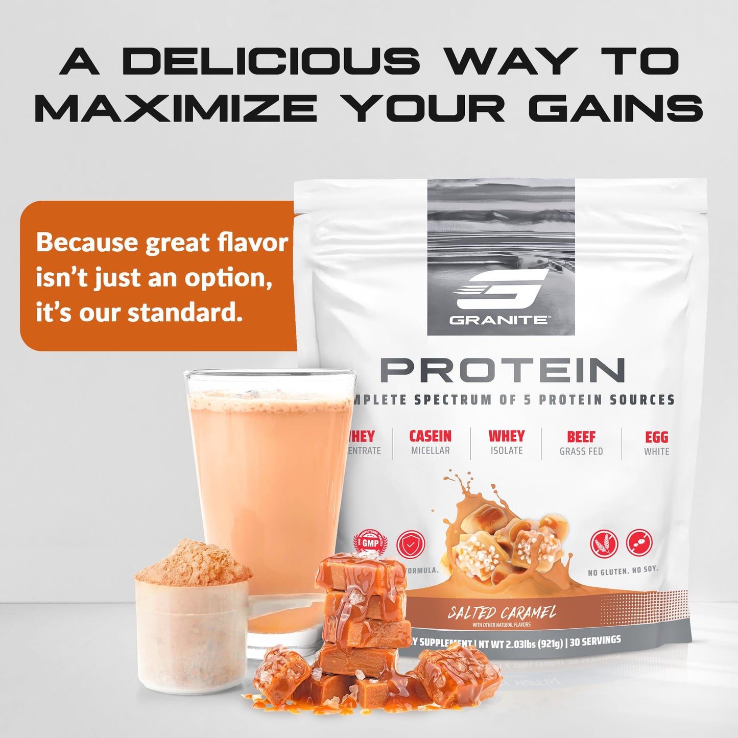 Granite Supplements Granite Nutrition Protein Powder - Premium 5-Source Blend (Whey, Casein, Egg, Grass-Fed Beef) Salted Caramel Flavor, 30 Servings