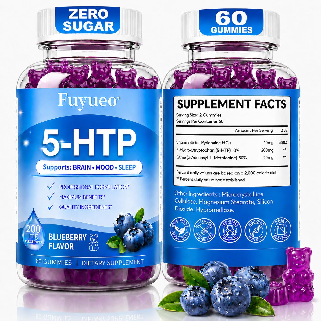 FUYUEO 5-HTP Gummies 200mg with SAMe & Vitamin B6, 60 Gummies