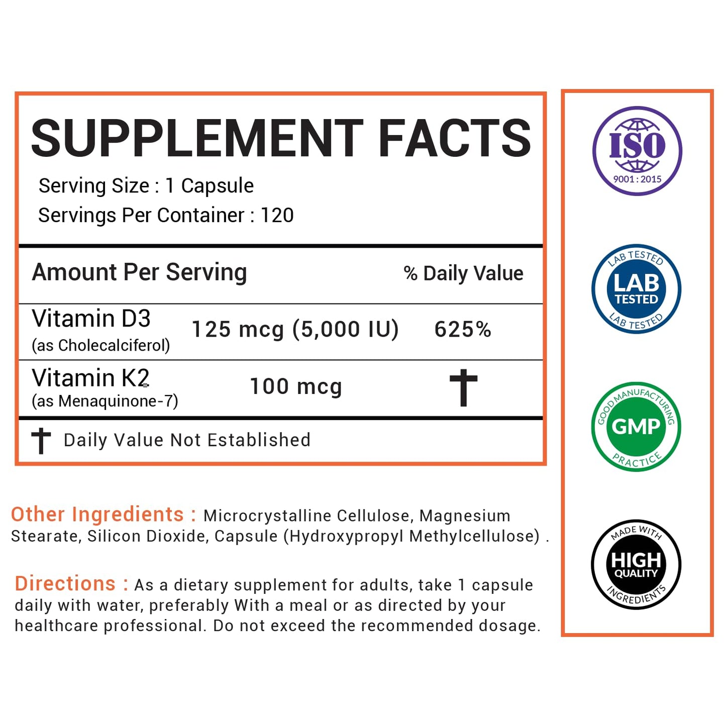 American Choice Vitamin D3 5000 IU – Enhanced Bone, Heart & Immune Support – Vitamin K2 (MK-7) 100 mcg, 120 Capsules