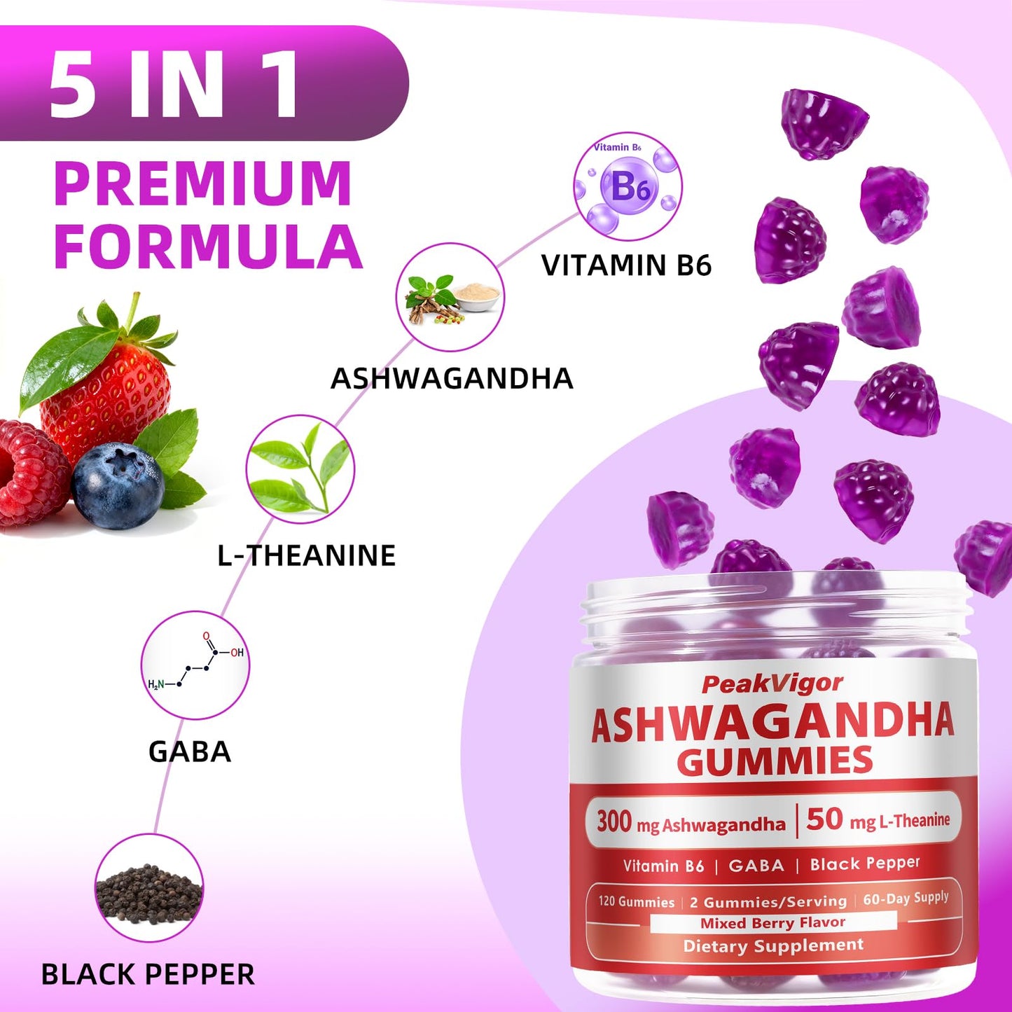 PeakVigor Fitness 3000mg Organic Ashwagandha Gummies, 5-IN-1 Ashwagandha Supplements with Vitamin B6, L-Theanine, GABA & Black Pepper, Ashwagandha for Women & Men - Calming & Relax, 120 Gummies