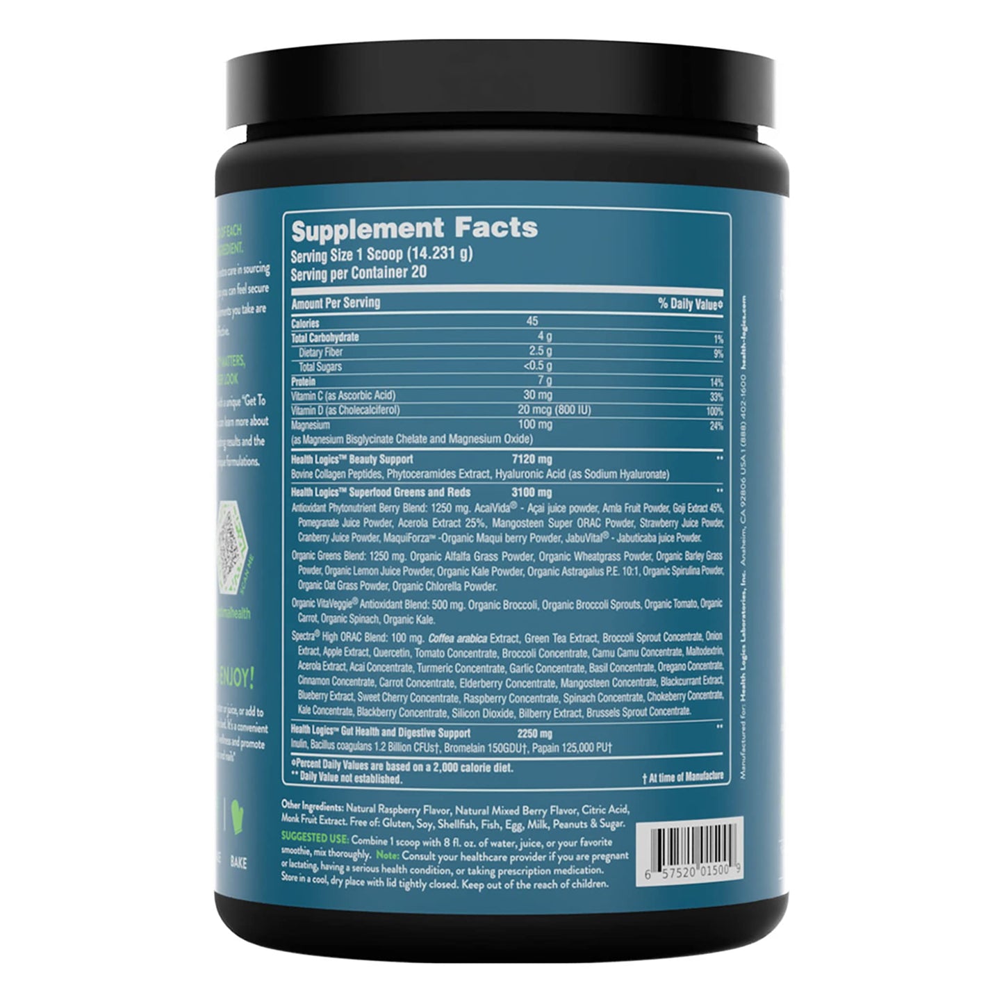 Health Logics Glowing Greens Superfood Powder with Collagen Peptides, Digestive Enzymes, Prebiotics and Probiotics – Antioxidant, Improve Wellness, Immune, Digestive and Gut Health Support, 10.03 oz