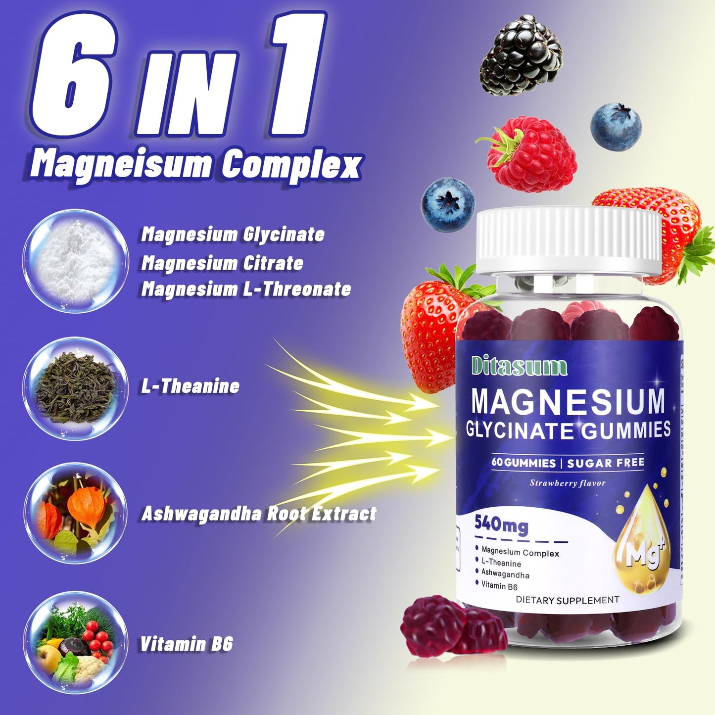 Ditasum Magnesium Glycinate Gummies With L-Threonate, Vitamin B6, Ashwagandha 540mg per Serving, Sugar Free, Vegan, Strawberry Flavor, 60 Gummies