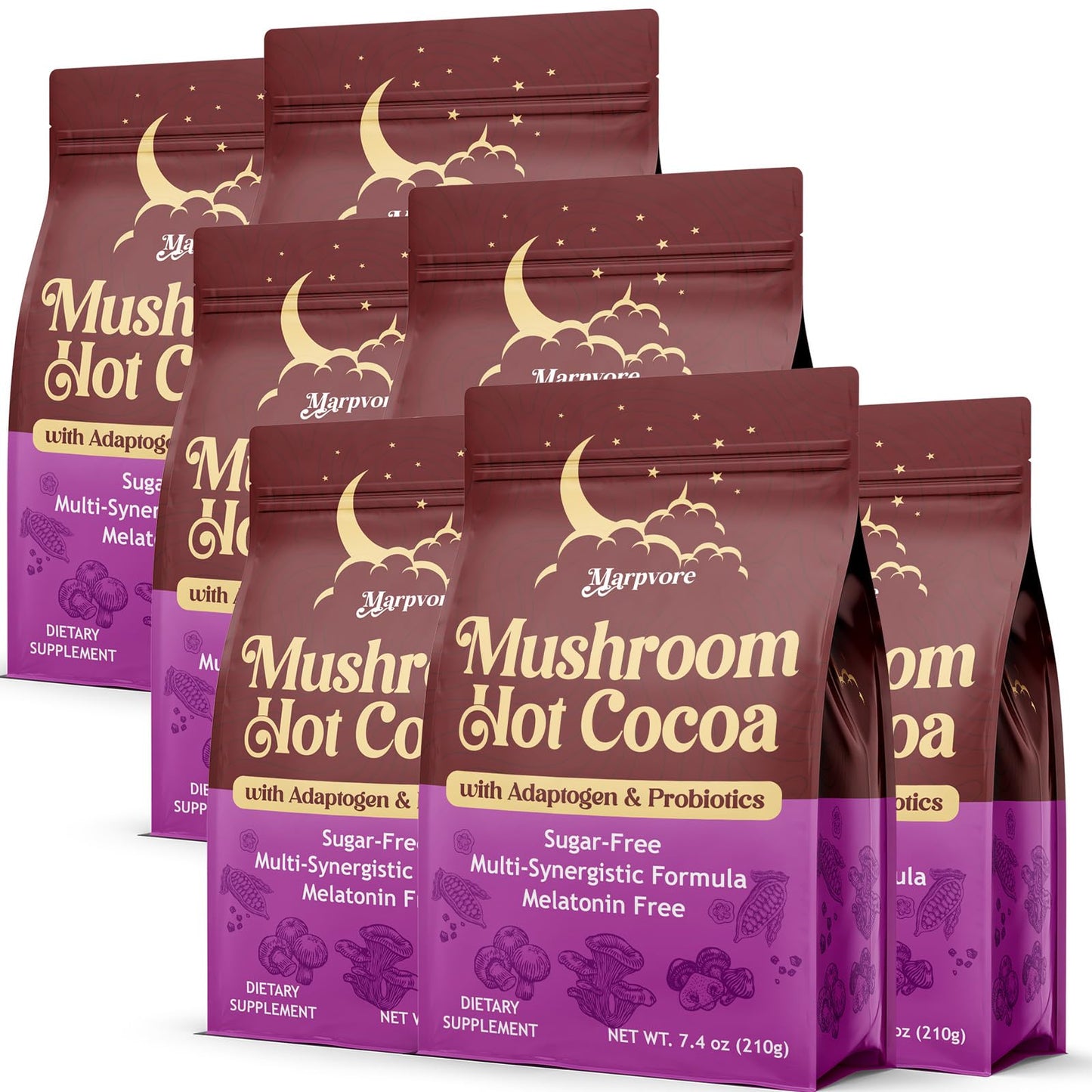 Marpvore Mushroom Hot Cocoa Powder with Magnesium Glycinate, L-Theanine, Ashwagandha, Reishi, Probiotics, Organic Cacao Hot Chocolate Supplement, Powder, 7-Pack, 51.8 oz total