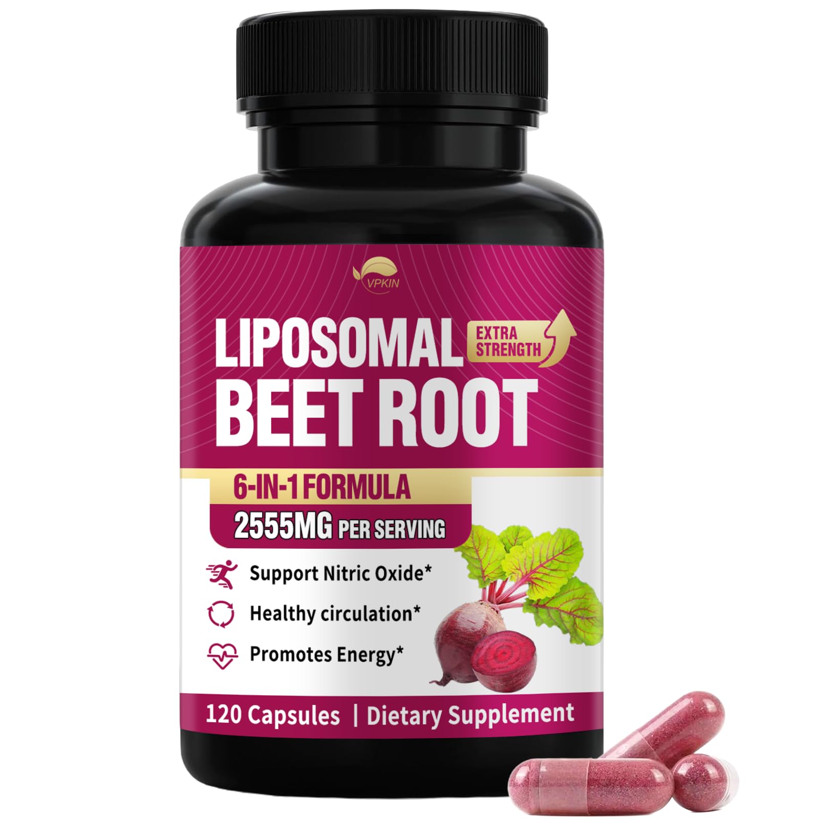 VPKIN Beet Root Capsules 2555mg for Nitric Oxide, Heart & Circulation Support with Olive Leaf & Hawthorn Berry, Vegan, 120 Capsules
