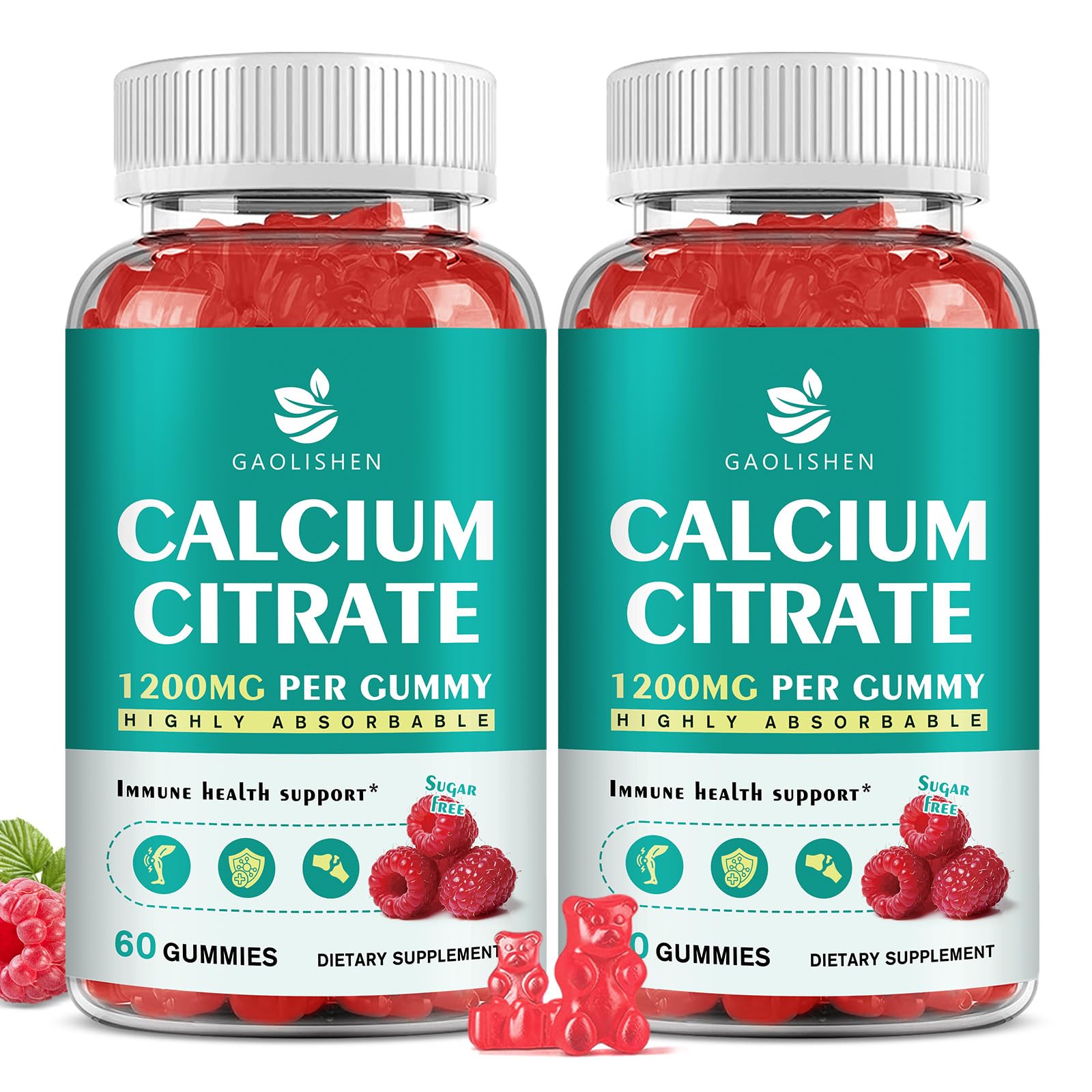GAOLISHEN Sugar Free Calcium Citrate 1200mg with Vitamin D3 Gummies, Calcium Gummies with Vitamin D3 & K2, Raspberry Flavor, 120 Count