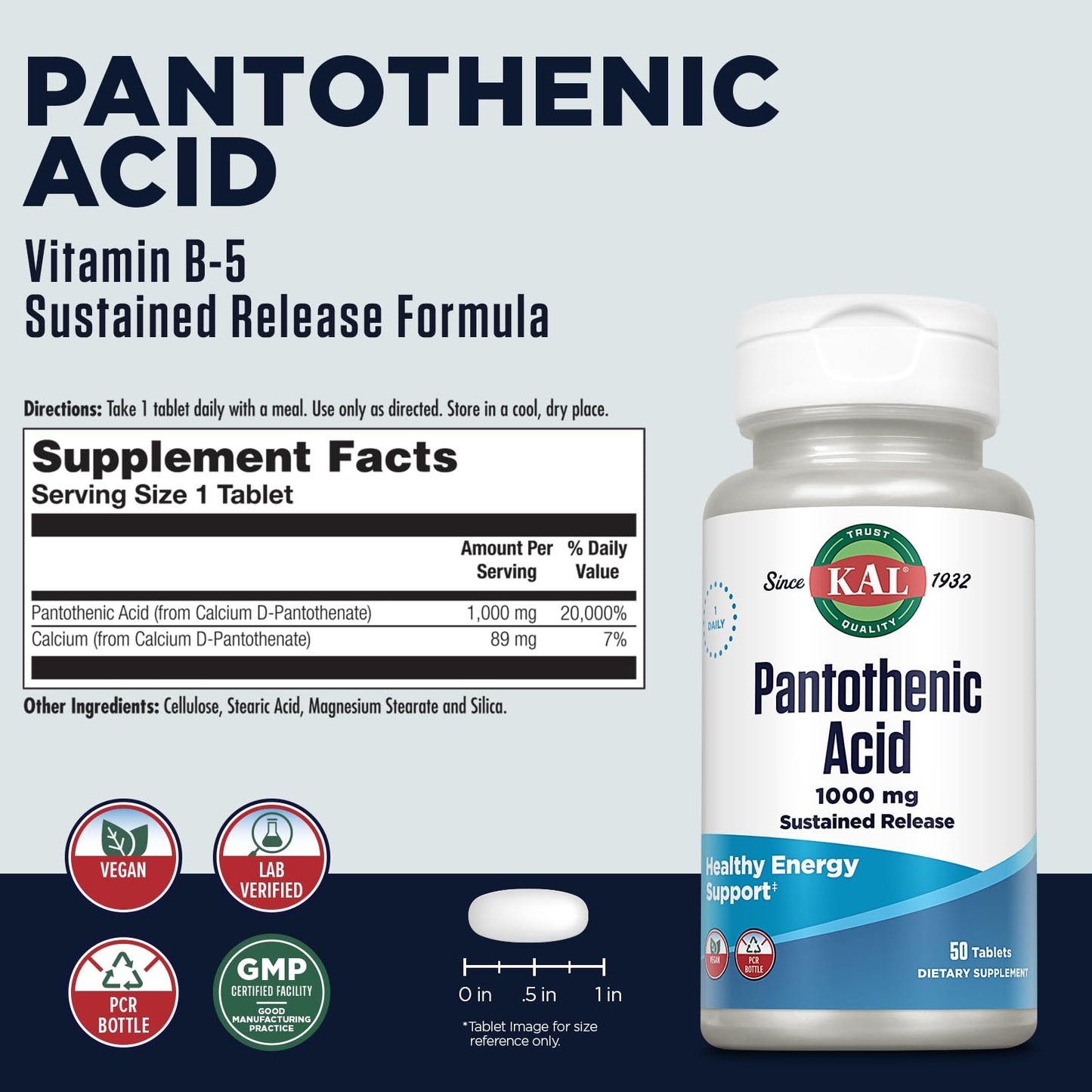 KAL Pantothenic Acid 1000mg Sustained Release Vitamin B5 Tablet, 50 Tablets