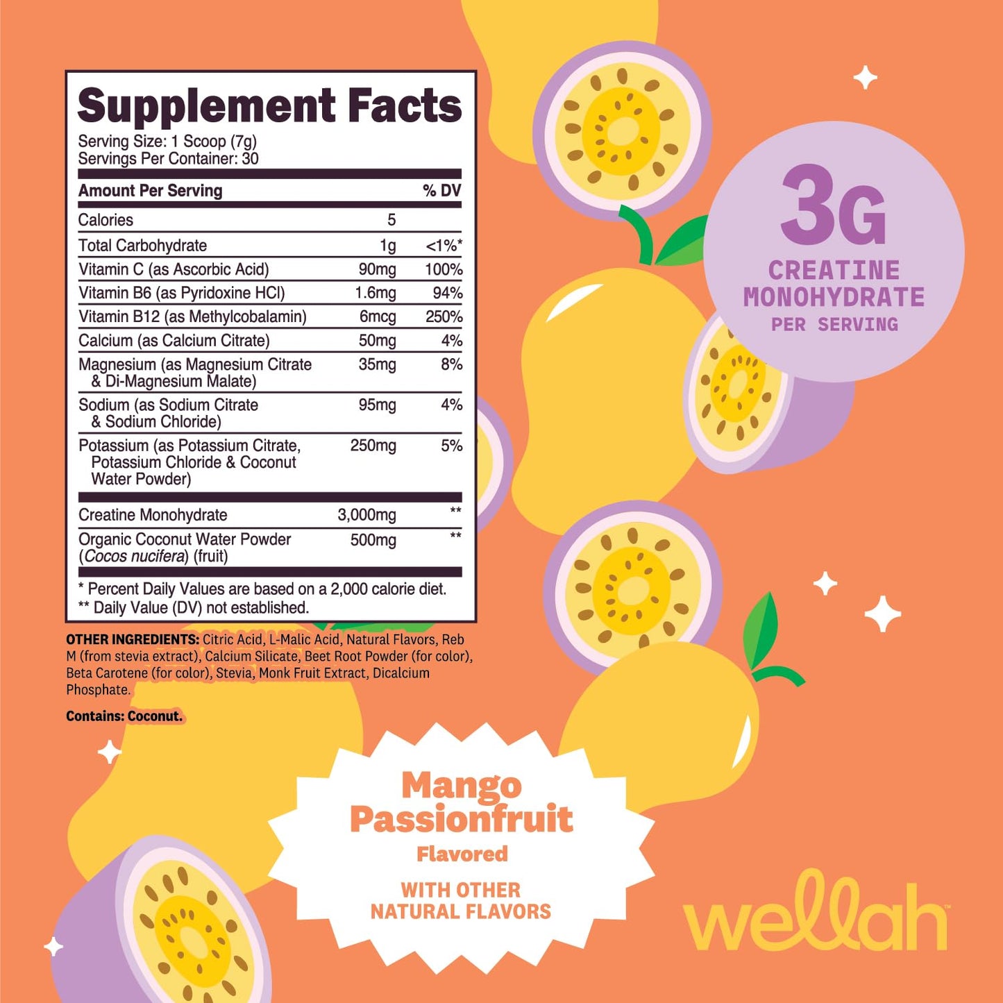 Wellah Creatine + Electrolytes Powder (Mango Passionfruit) 7.2 Ounces