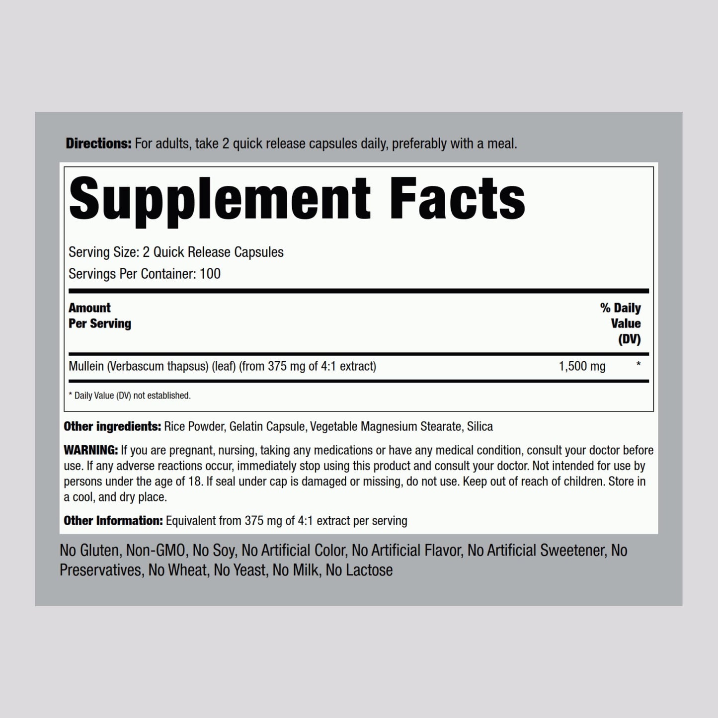 Piping Rock Mullein Leaf Extract Capsules 200 Count