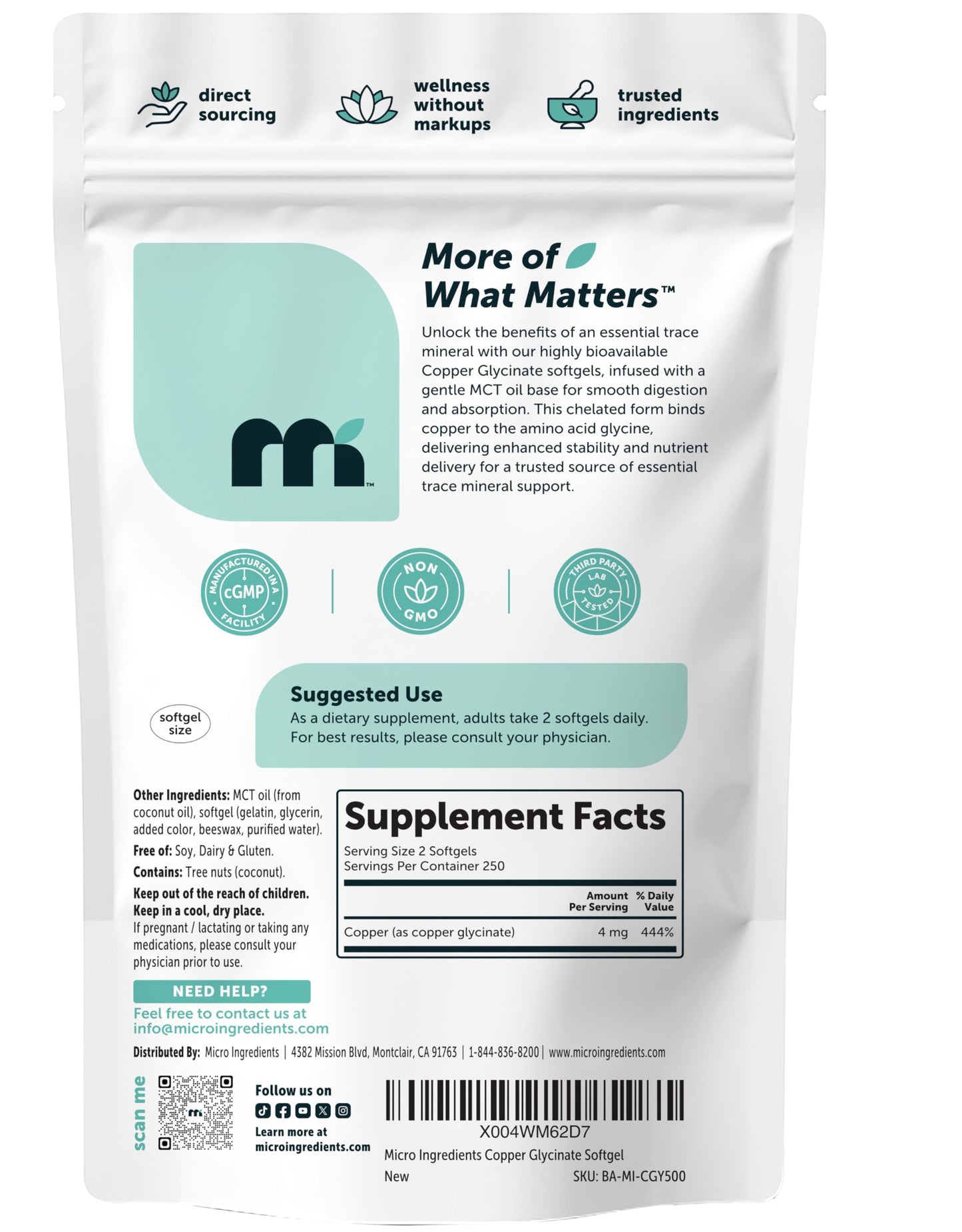 Micro Ingredients Copper Glycinate with MCT Oil Softgels 500 Count