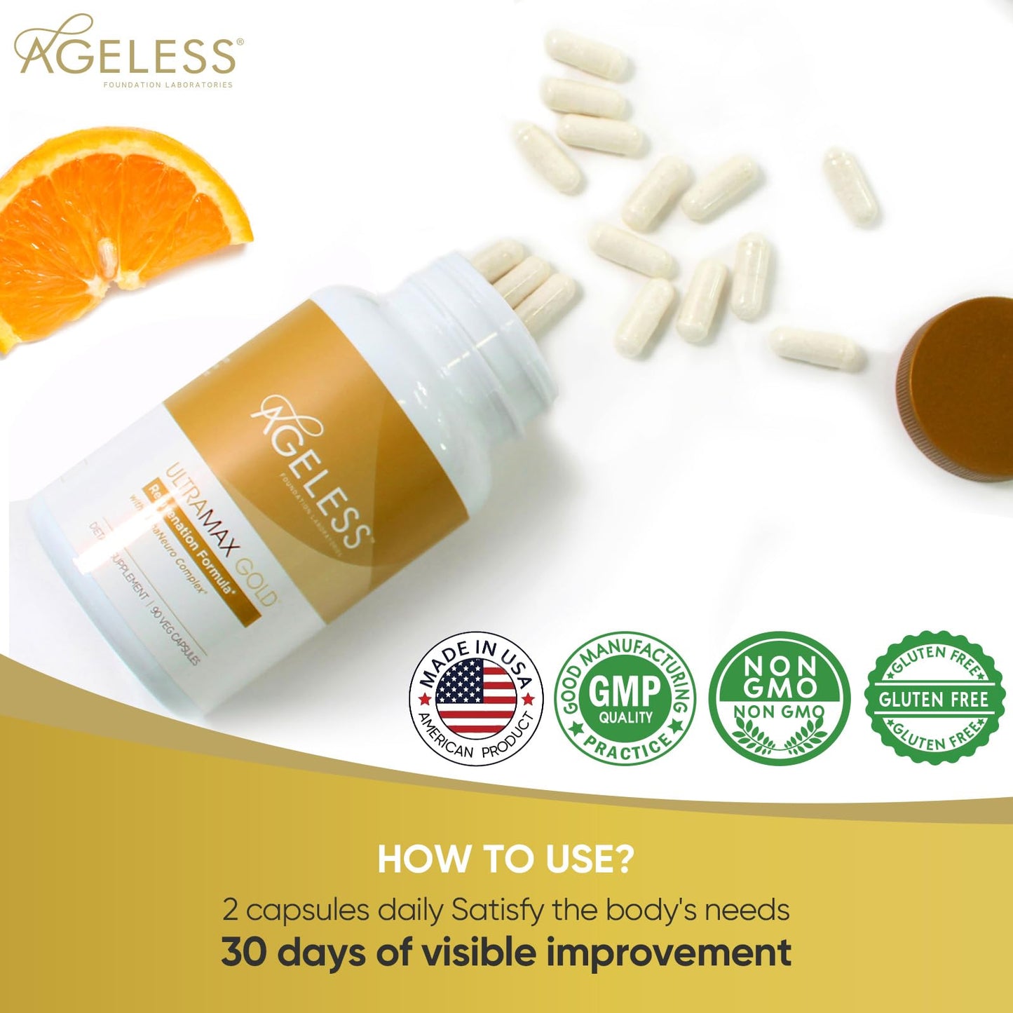 Ageless Foundation Laboratories HGH Supplements for Women & Men, Ultra MAX Gold 90 Capsules