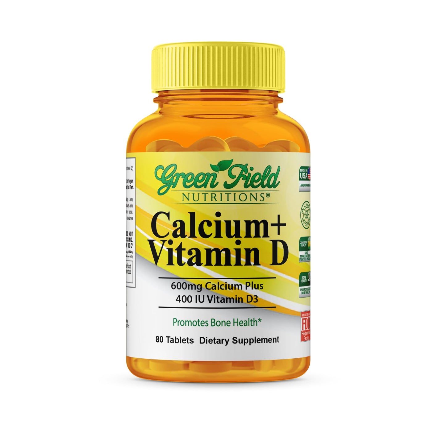 GREEN FIELD NUTRITIONS Halal Calcium Tablets with Vitamin D3, 600mg Calcium, 400IU Vitamin D3, 90 Tablets