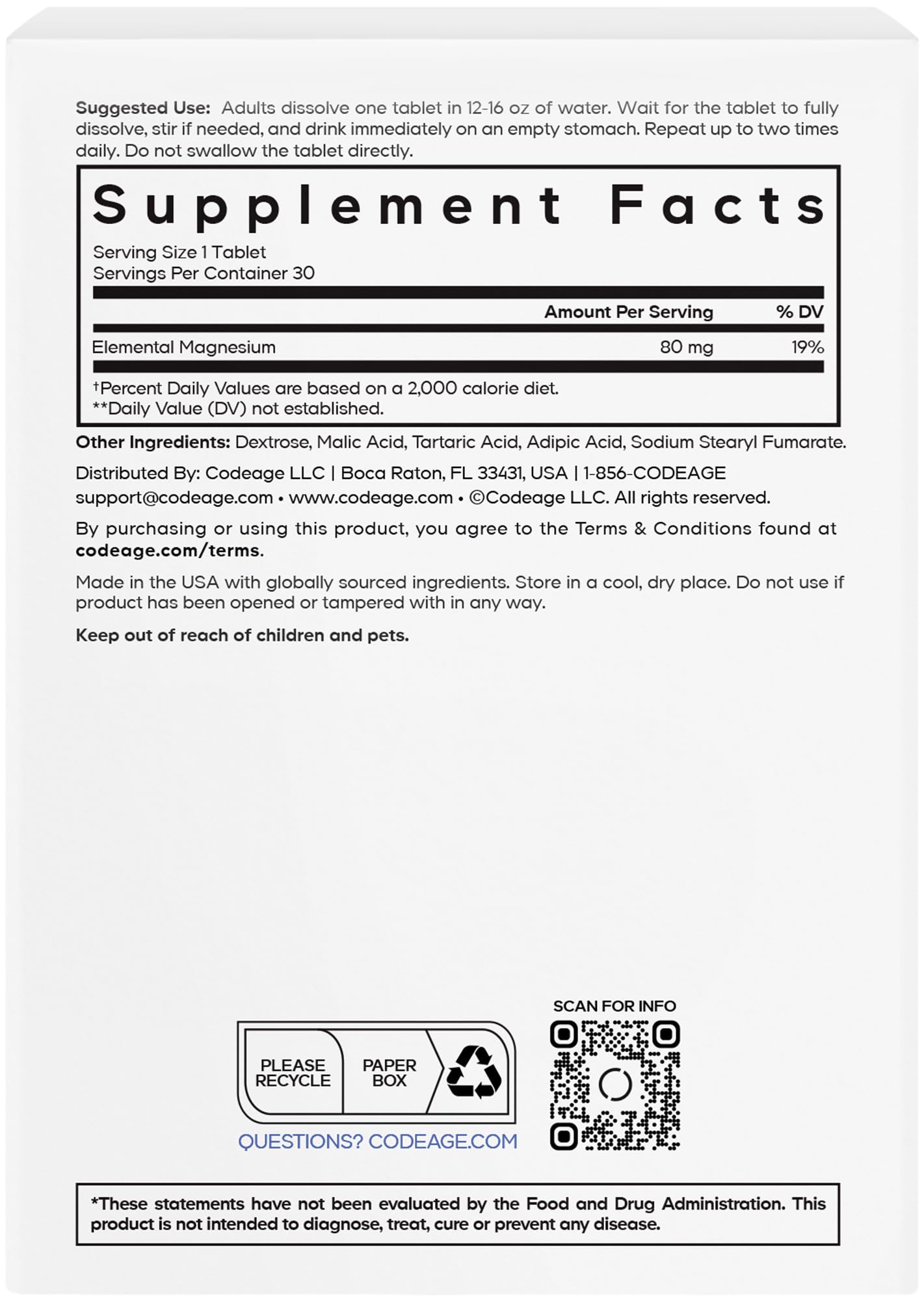 Codeage Molecular Hydrogen Supplement - Fast-Dissolving 12 PPM Hydrogen Water Tablets with Elemental Magnesium, 30 Tablets