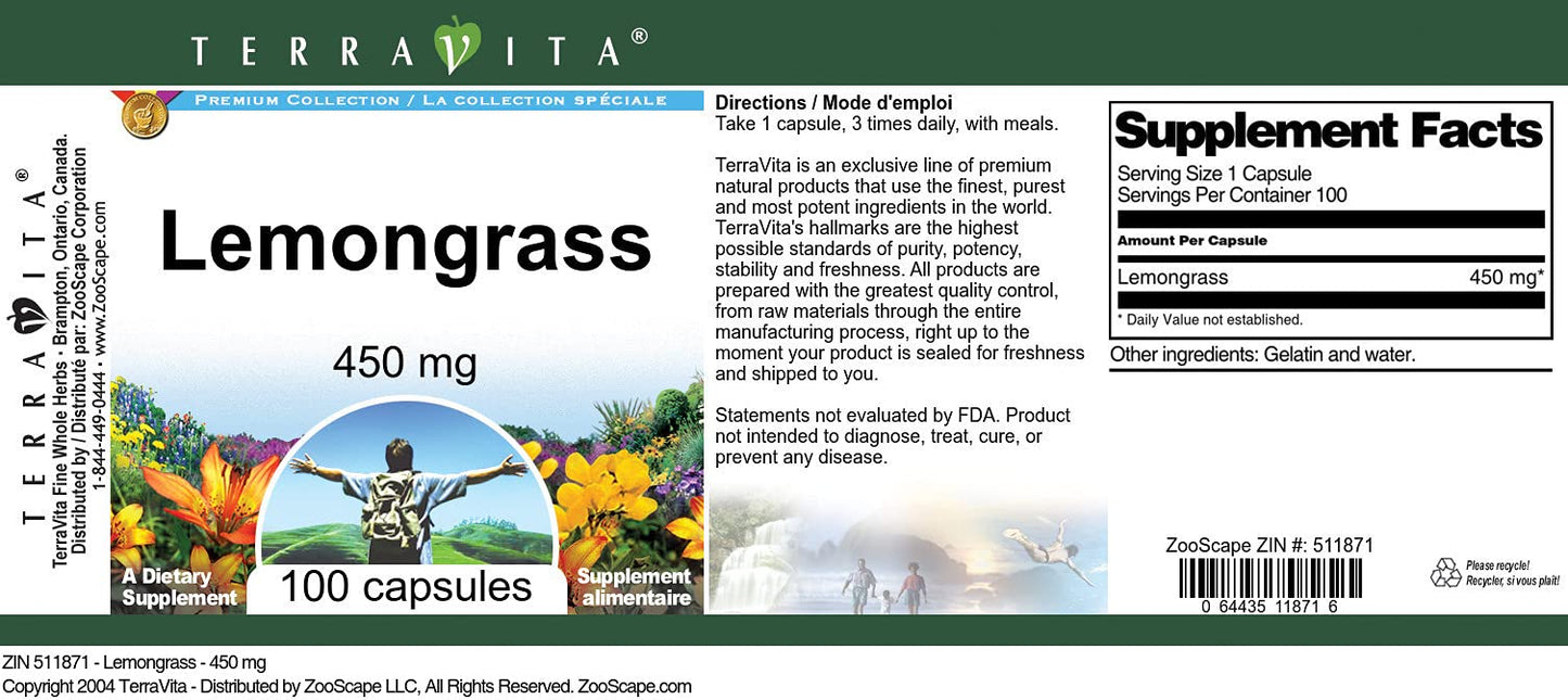 Terravita Lemongrass 450 mg Capsules, 300 Count
