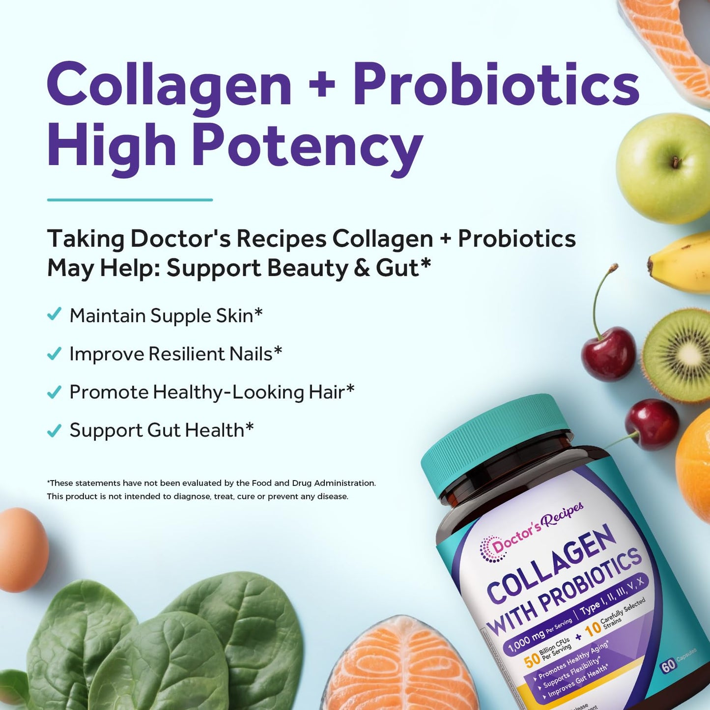 Doctor's Recipes Collagen with Probiotics, Type I, II, III, V, X, 1000mg, 50 Billion CFUs Per Serving, 10 Strains, Beauty, Flexibility, Healthy Aging, Gut, 60 Capsules