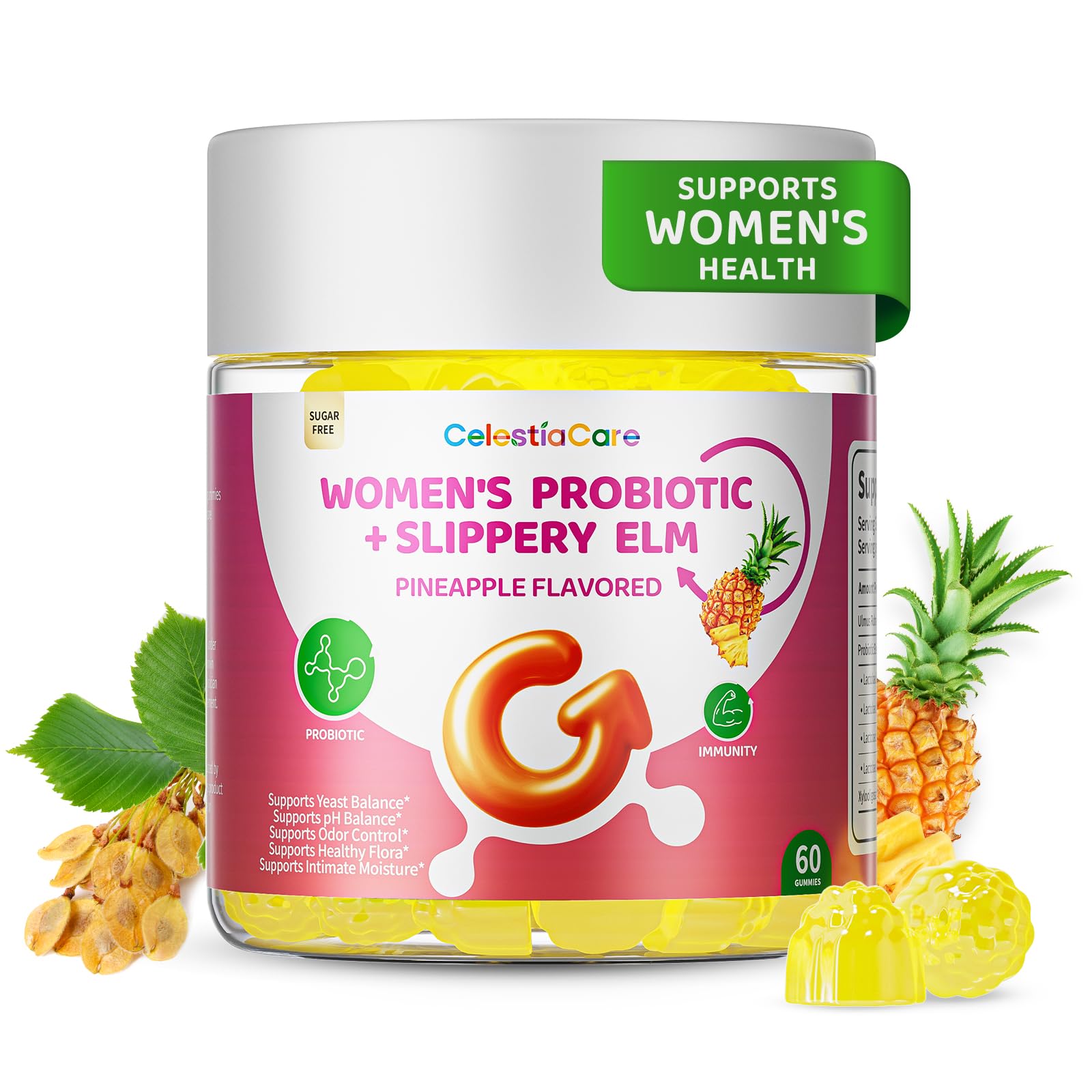 CelestiaCare Probiotics for Women Vaginal Probiotics Gummies for Digestive Health Feminine PH Balance Gut Health Supplements with Slippery Elm & Prebiotics, 60 Gummies
