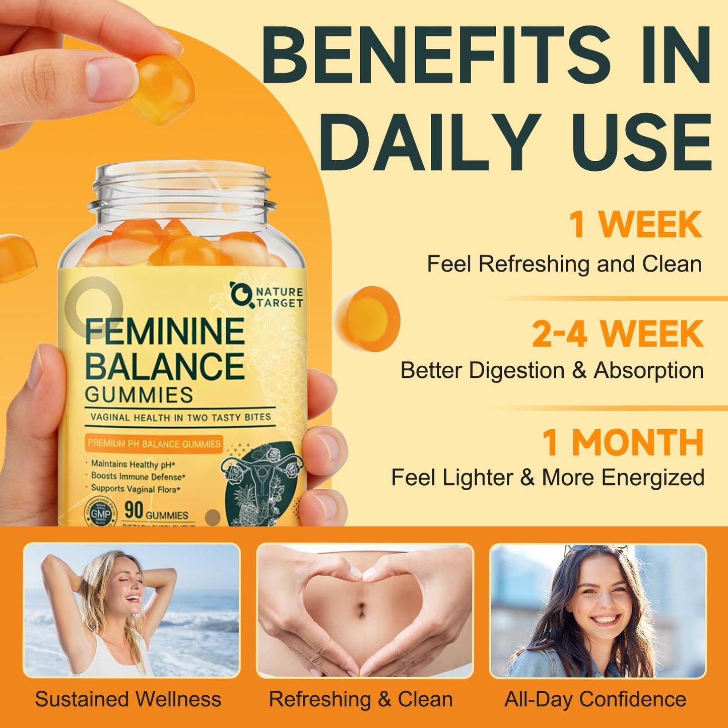 Nature Target Feminine Balance Probiotics Gummies for Women - pH Balance, Odor Control, Vaginal Flora & Digestive Health with Vitamin C, Hawaiian Pineapple Flavor, 90 Gummies