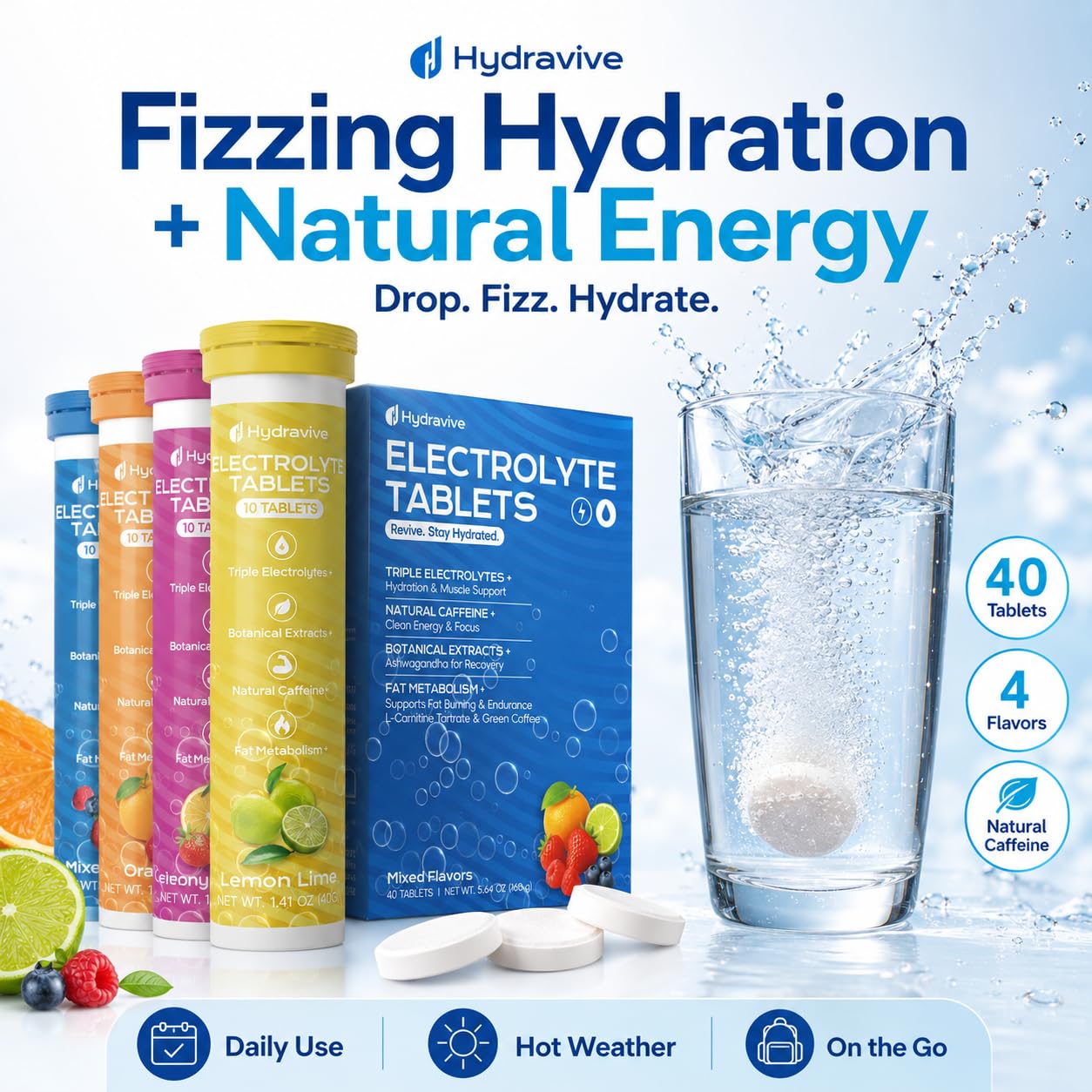 Hydravive Electrolyte Tablets for Hydration Effervescent Tablets 40 Count