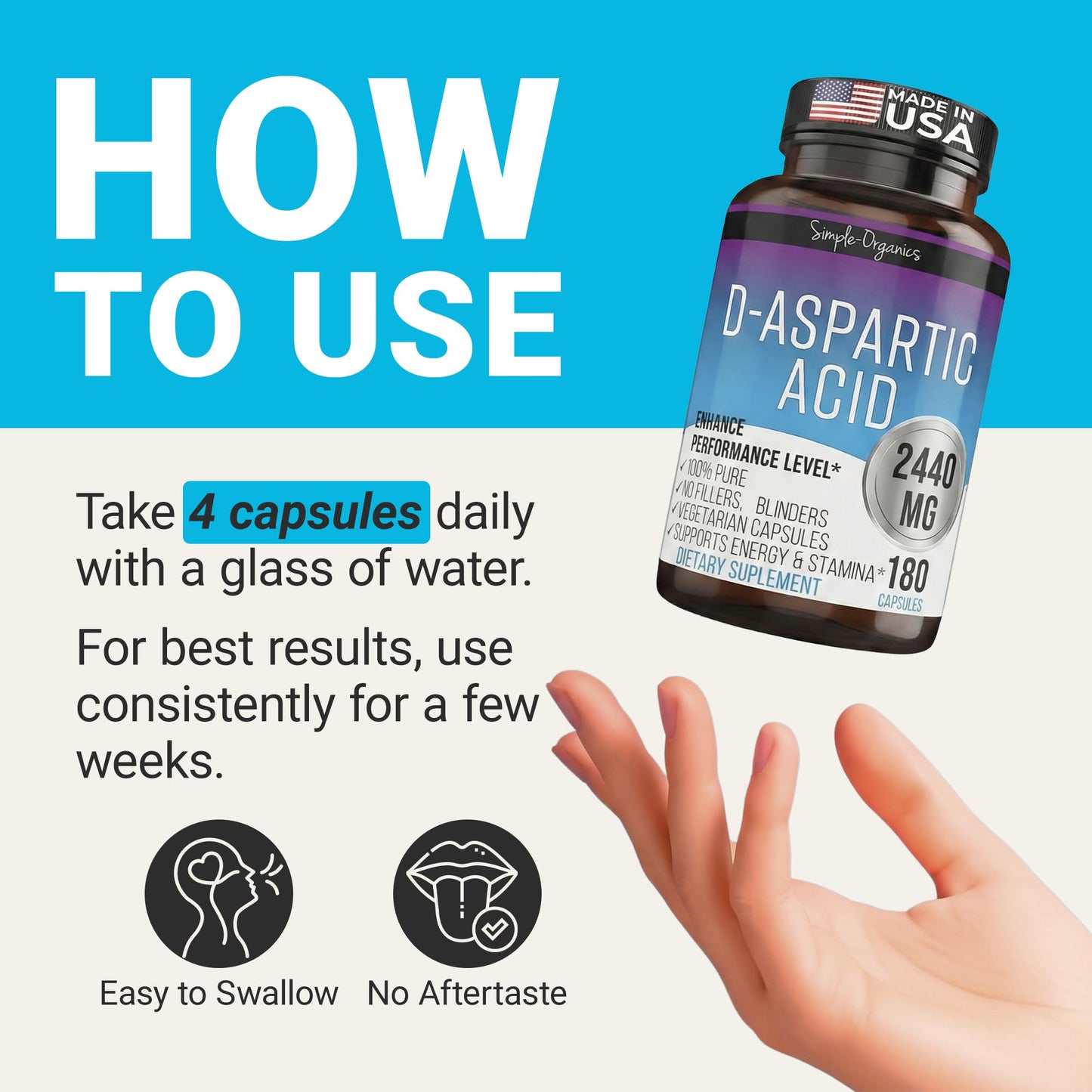 Simple-Organics D-Aspartic Acid Testosterone Support for Men 2440mg Capsule, 180 Count