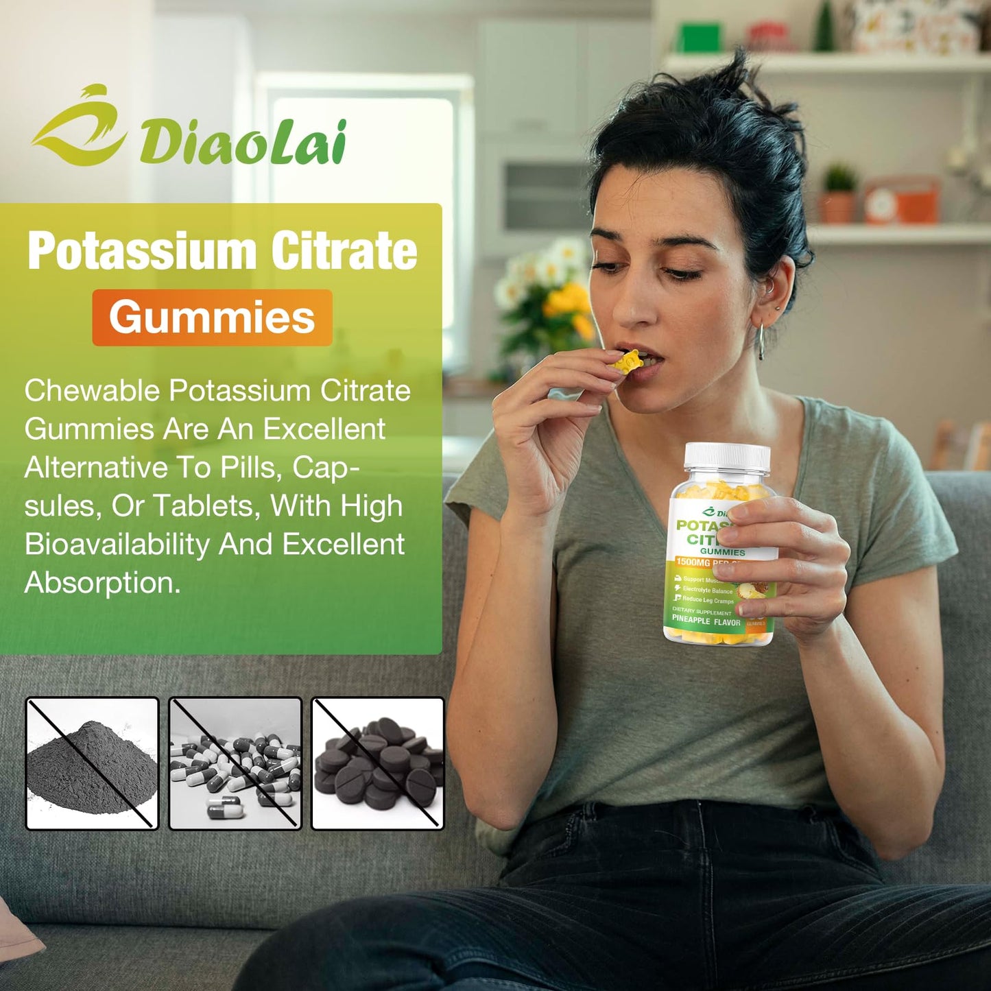 DIAOLAI Potassium Citrate 1500mg Gummies, Potassium Supplement for Women & Men, Supports Leg Cramp Relief & Muscle Health, Vegan, Pineapple Flavor (120 Count)