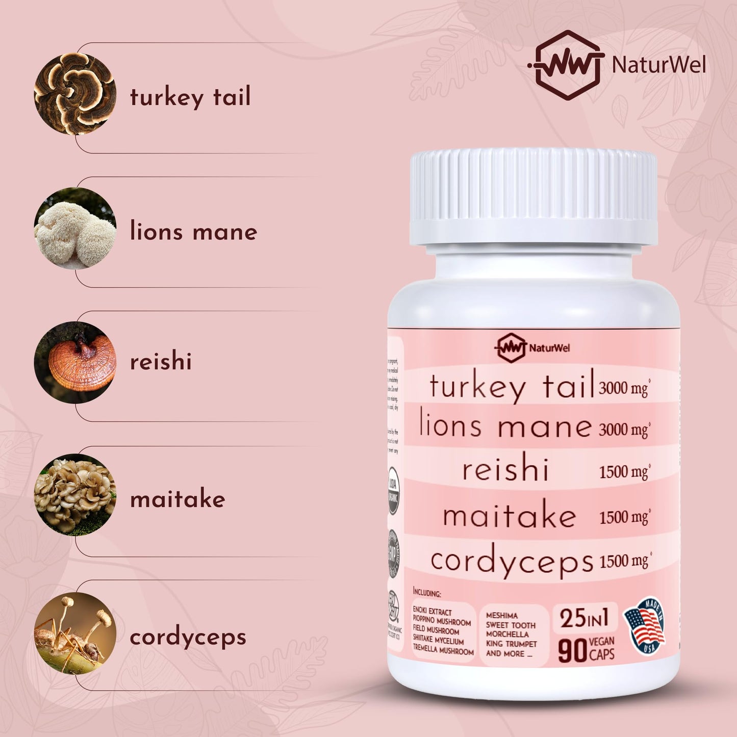 NaturWel Turkey Tail 3000mg Lions Mane 3000mg Reishi 1500mg Mushroom Blend Capsules, 90 Count
