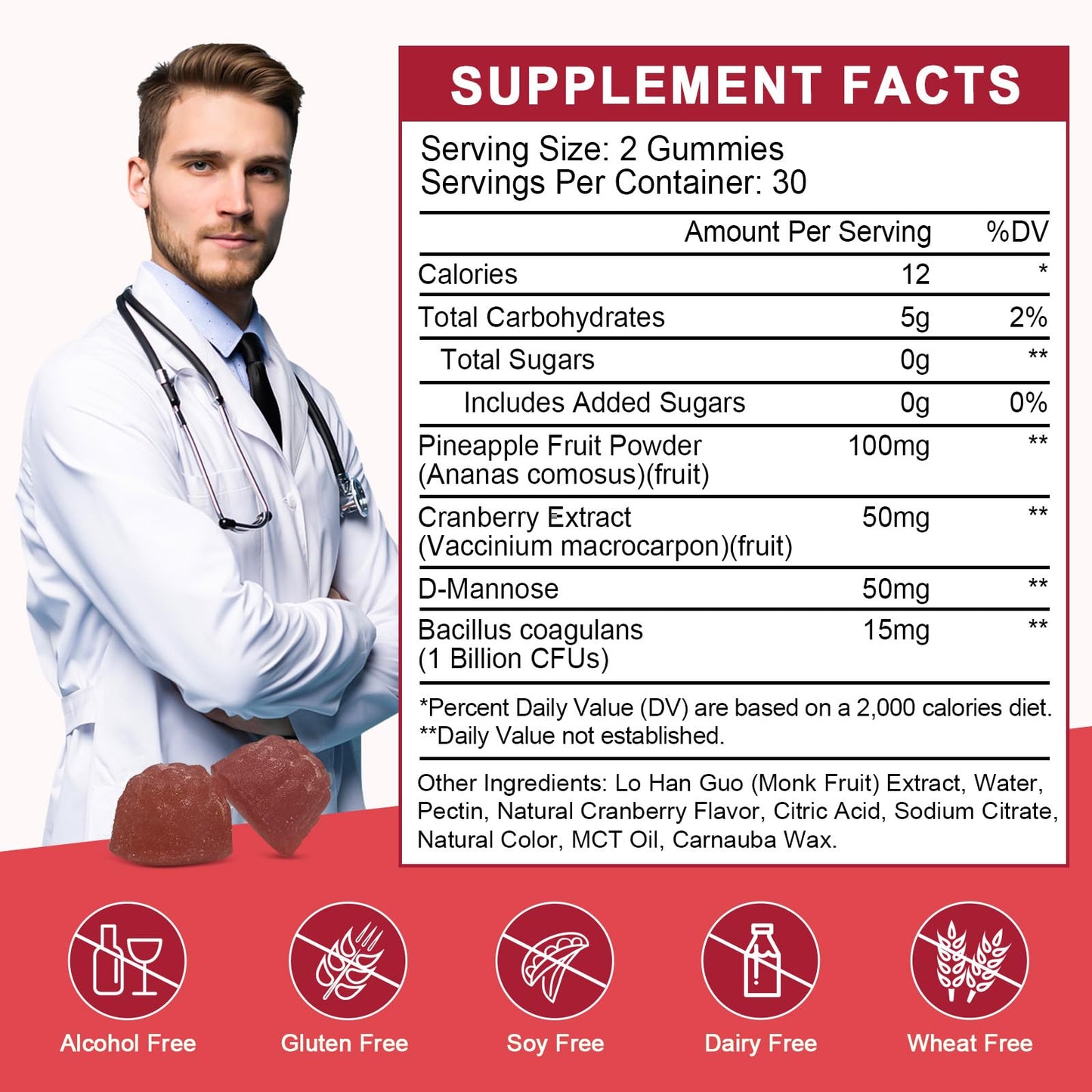 WOGORGT Feminine Balance Probiotic Gummies for Women, Vaginal Health & pH Balance Support, Cranberry Extract & D-Mannose, Sugar Free, Vegan, 60 Gummies