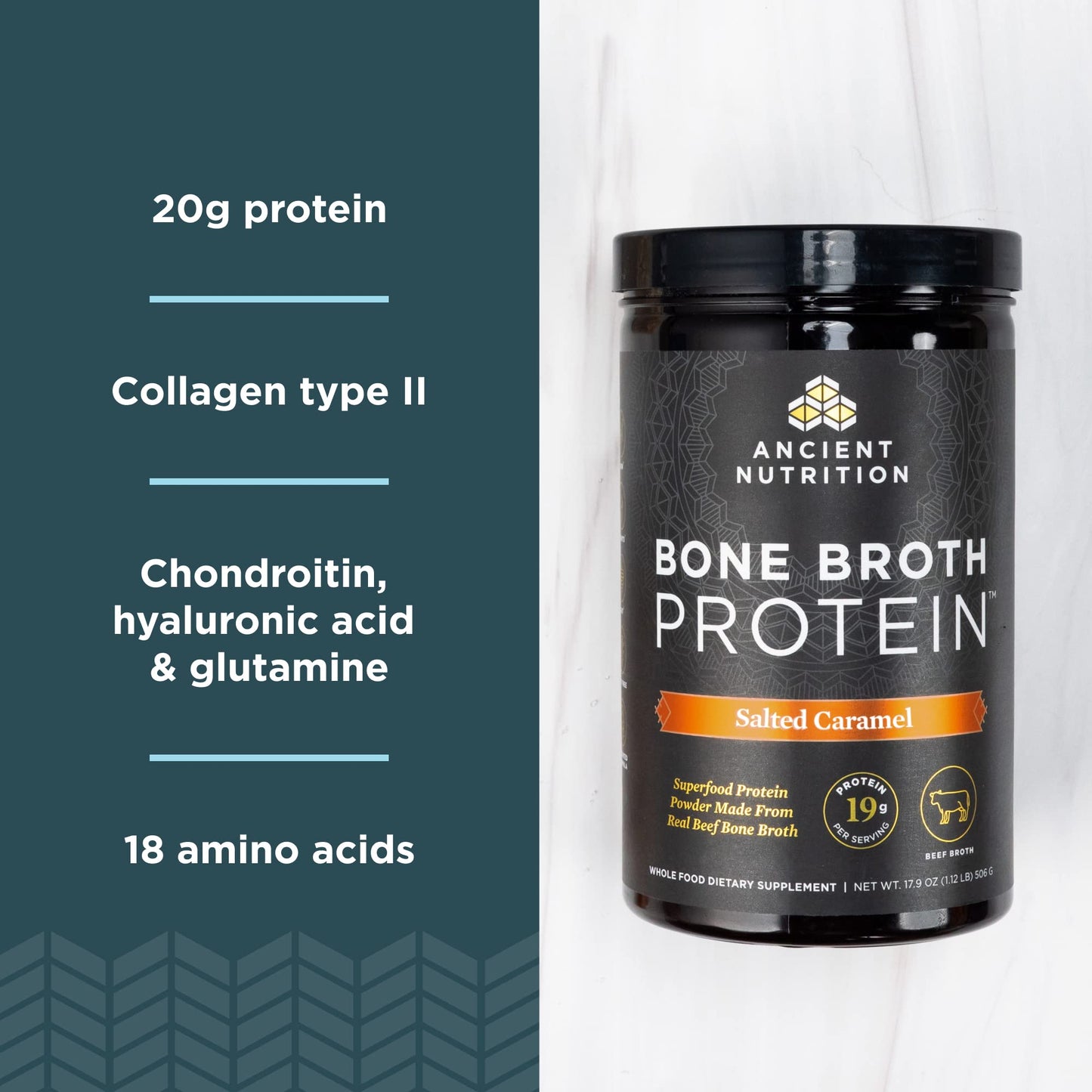Ancient Nutrition Beef Bone Broth Protein Powder Salted Caramel, 20 Servings and Bone Broth Protein Powder Vanilla, 20 Servings, 2-Pack