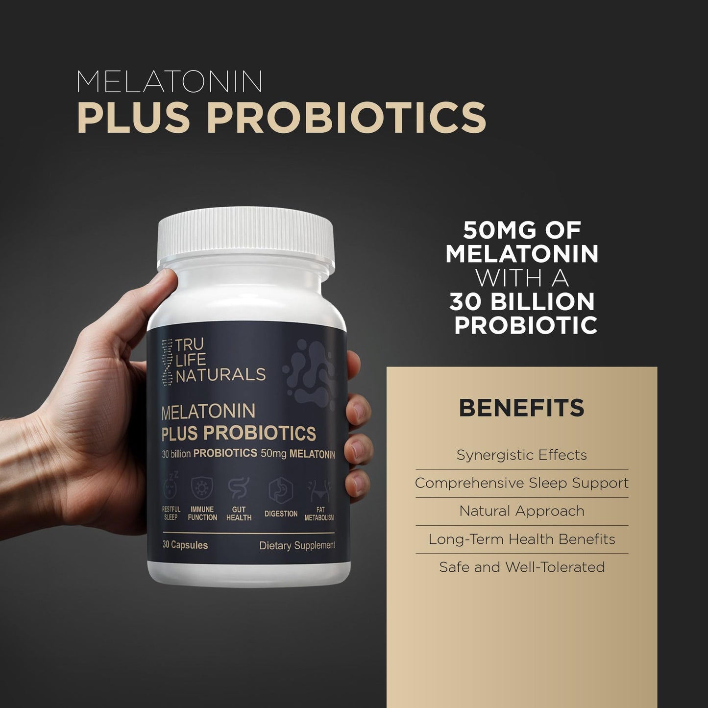 TRULIFE NATURALS Melatonin 50mg Plus Probiotics Capsules, 30 Count