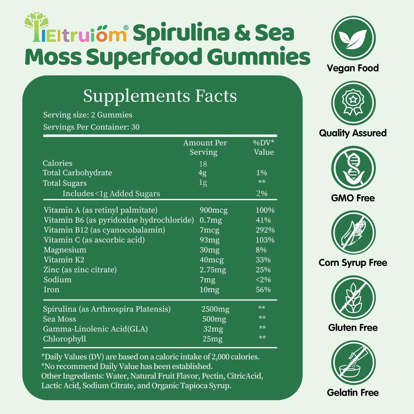 IIEltruiom Super Greens Gummies with Spirulina 2500mg, 13+ Multivitamins 120 Gummies