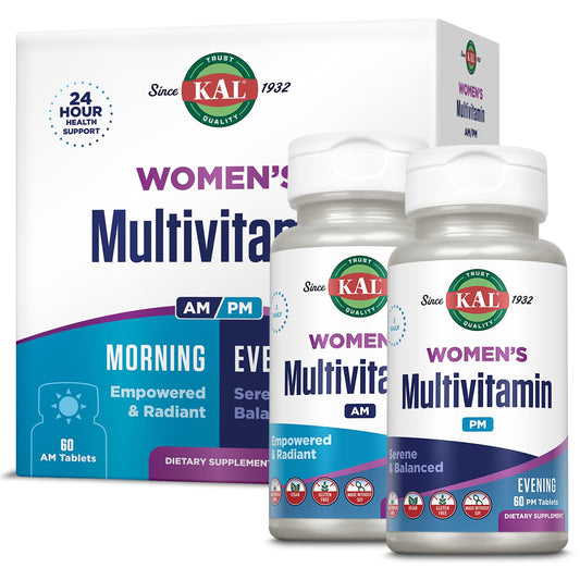 KAL Women's Multivitamin AM/PM 2-in-1 with Ashwagandha, Silica, Organic Spirulina & GABA for Cellular Energy, Bone Strength, Immune Support, Vegan, 120 Tablets
