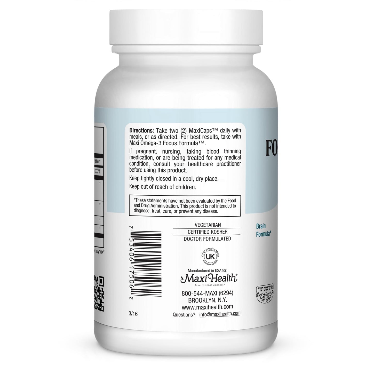 Maxi Health Focusmax Nootropic Brain Supplement for Memory, Focus & Mood Support, 60 Vegetarian Capsules