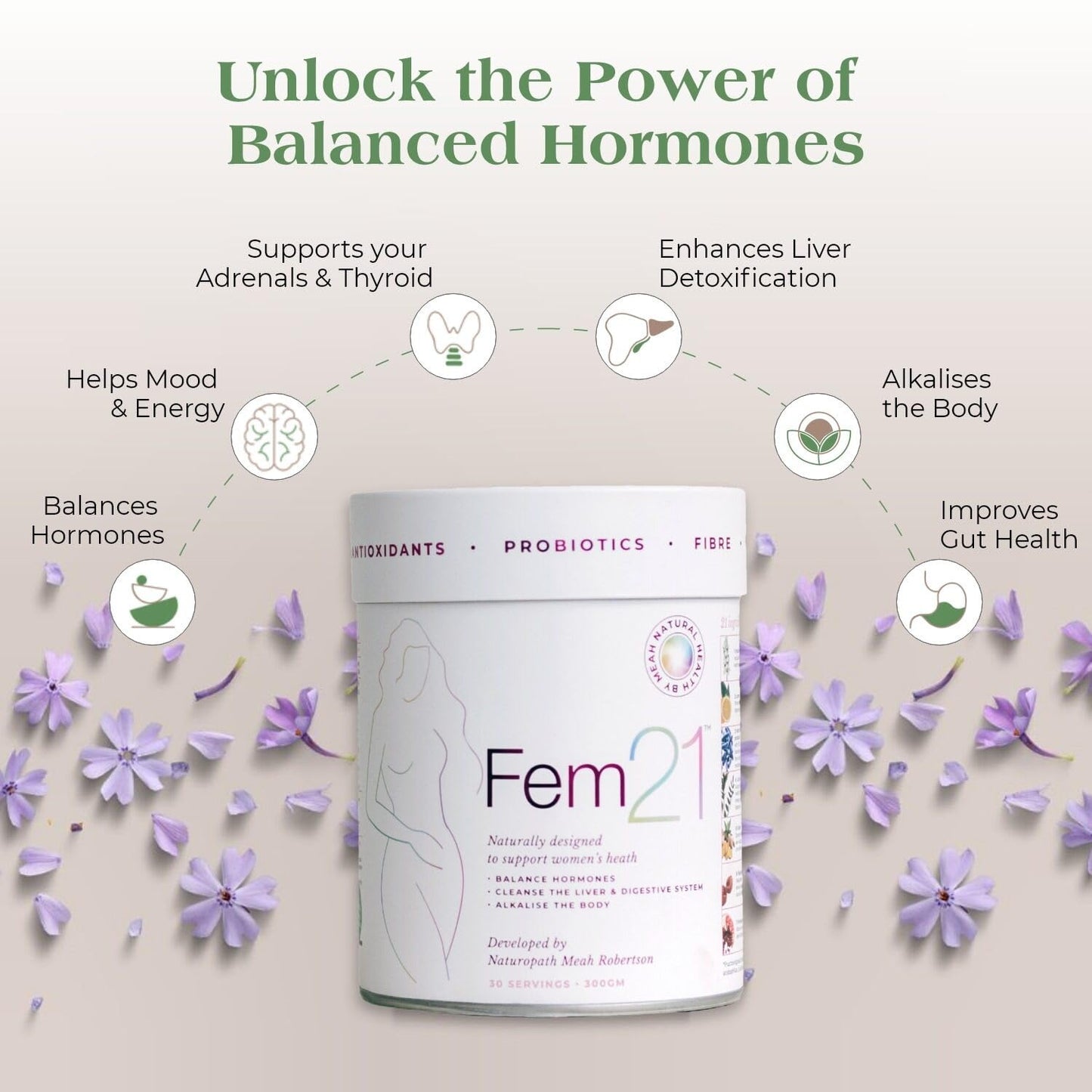Fem21 Nutritional Supplement for Women, Herbal Blend with 21 Superfoods for Women's Wellness and Vitality, with Prebiotics, Probiotics and Antioxidants, Powder, 10.58 oz