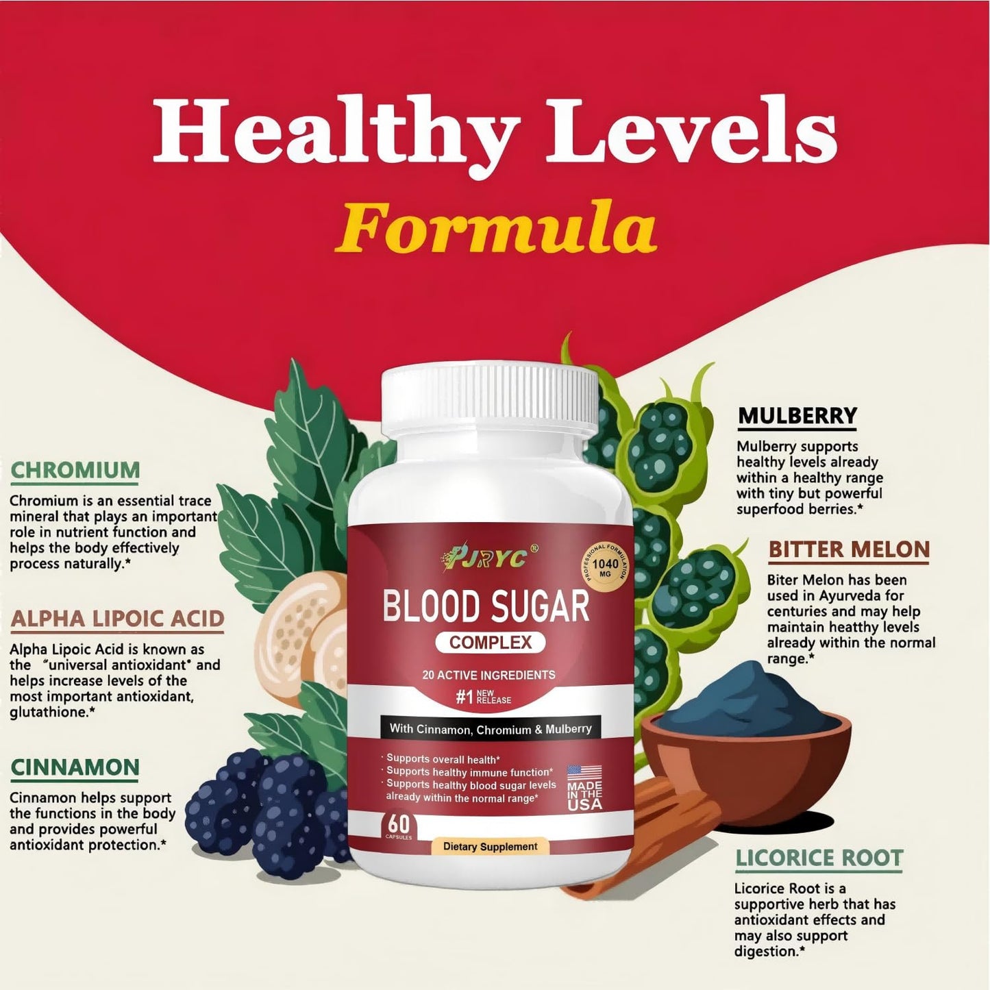 PJRYC Blood Sugar Complex Supplement 120 Capsules