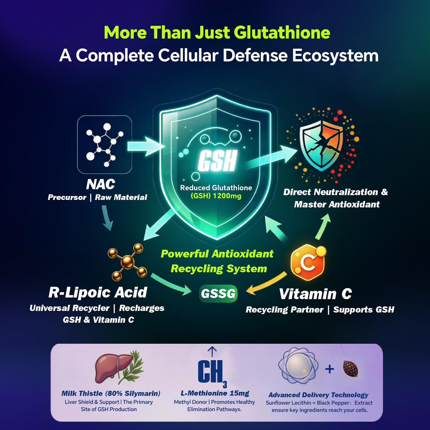 KangRiXin Liposomal Glutathione Supplement 1200mg Plus with NAC, Milk Thistle, R-Lipoic Acid & Vitamin C, Built-in Regeneration System for Liver, Skin & Cellular Health, 180 Capsules