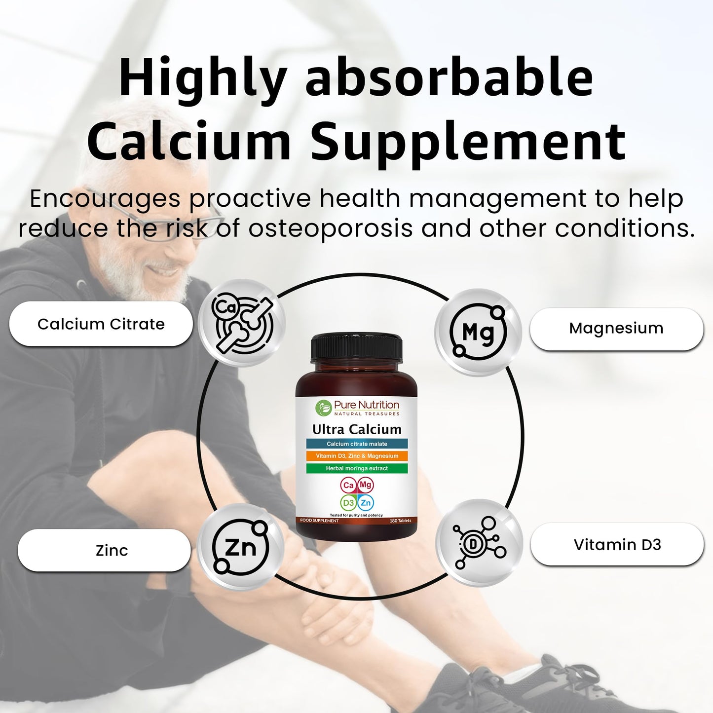 PURE NUTRITION NATURAL TREASURES Calcium Citrate 1000mg Highly Absorbable Calcium Supplement with Calcium Citrate Malate, Vitamin D, Zinc and Magnesium Tablet, 1 Tablet