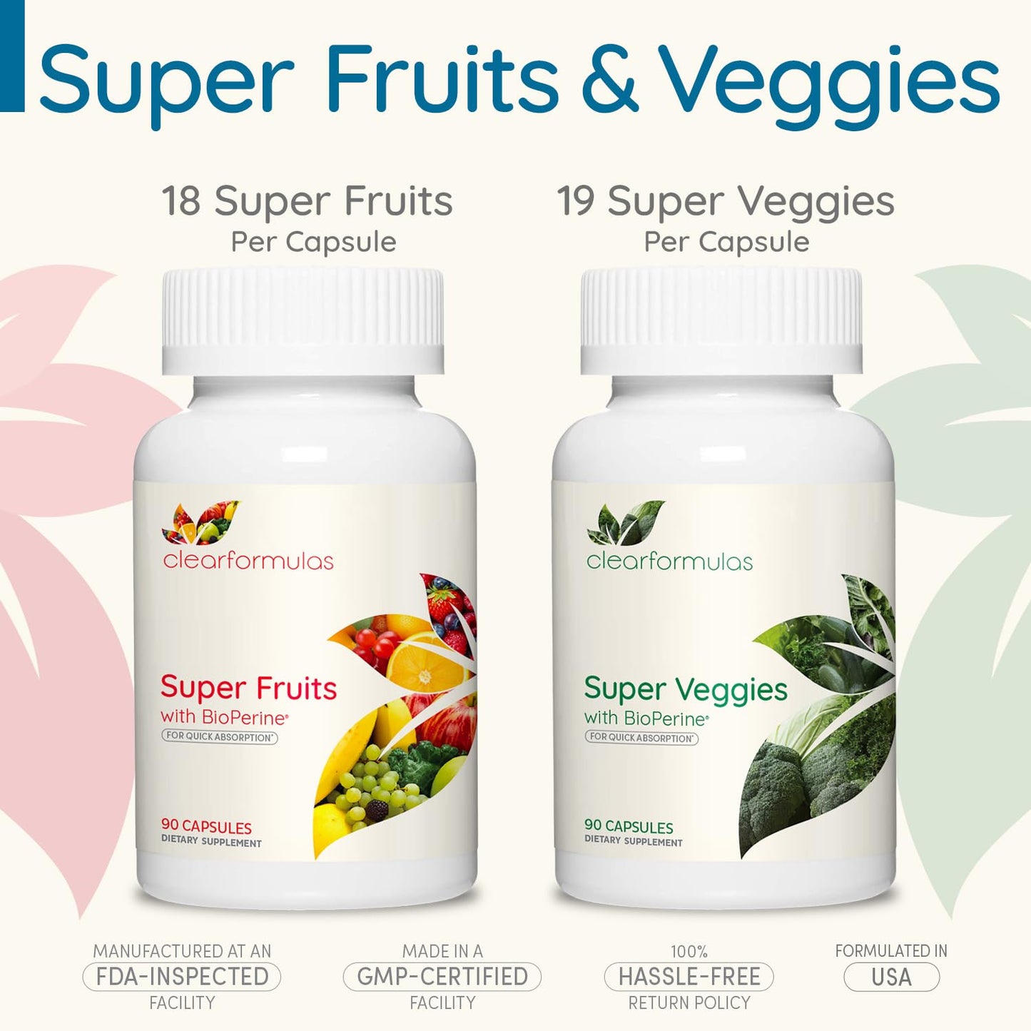 Clear Formulas Daily Fruit and Veggies Supplement for Adults - Super Fruits and Vegetables Supplement with 37 Different Super Foods for Overall Health Wellness and Immune Support - Non-GMO and Vegan Capsules 90