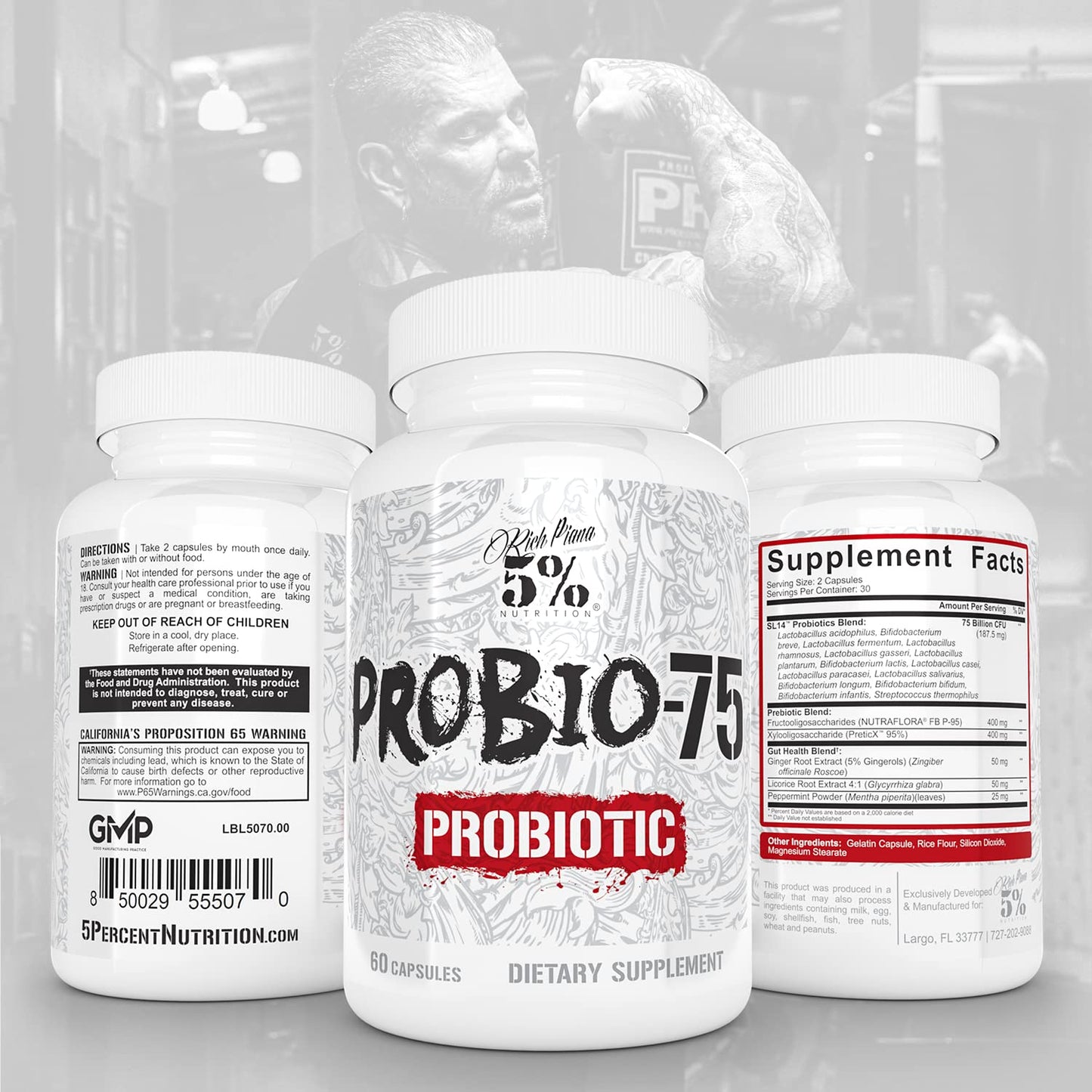 5% Nutrition Rich Piana Digestive Defender 2-in-1 Box with Probio-75 Probiotic + Prebiotic & Diges-Ten Digestive Enzyme Formula, 30 Capsules